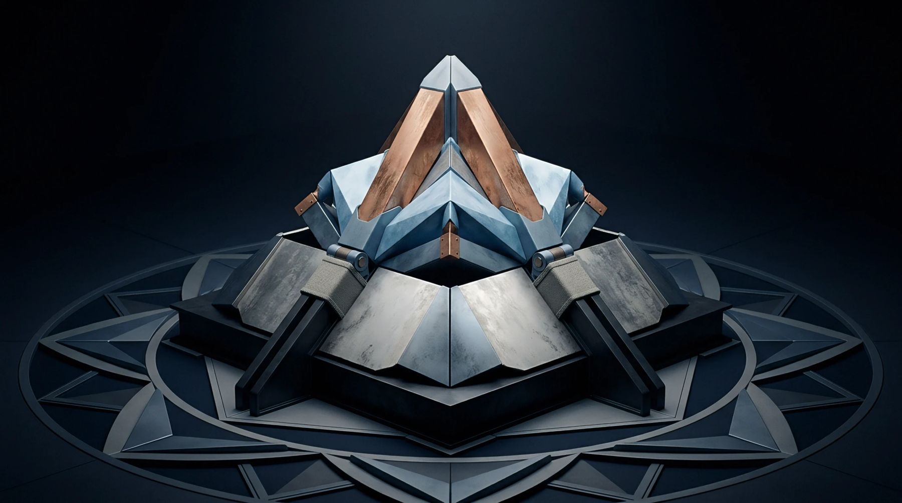 This is a render of a complex, multi-layered metallic structure with angular facets and metallic finishes, set upon a symmetrical geometric base.