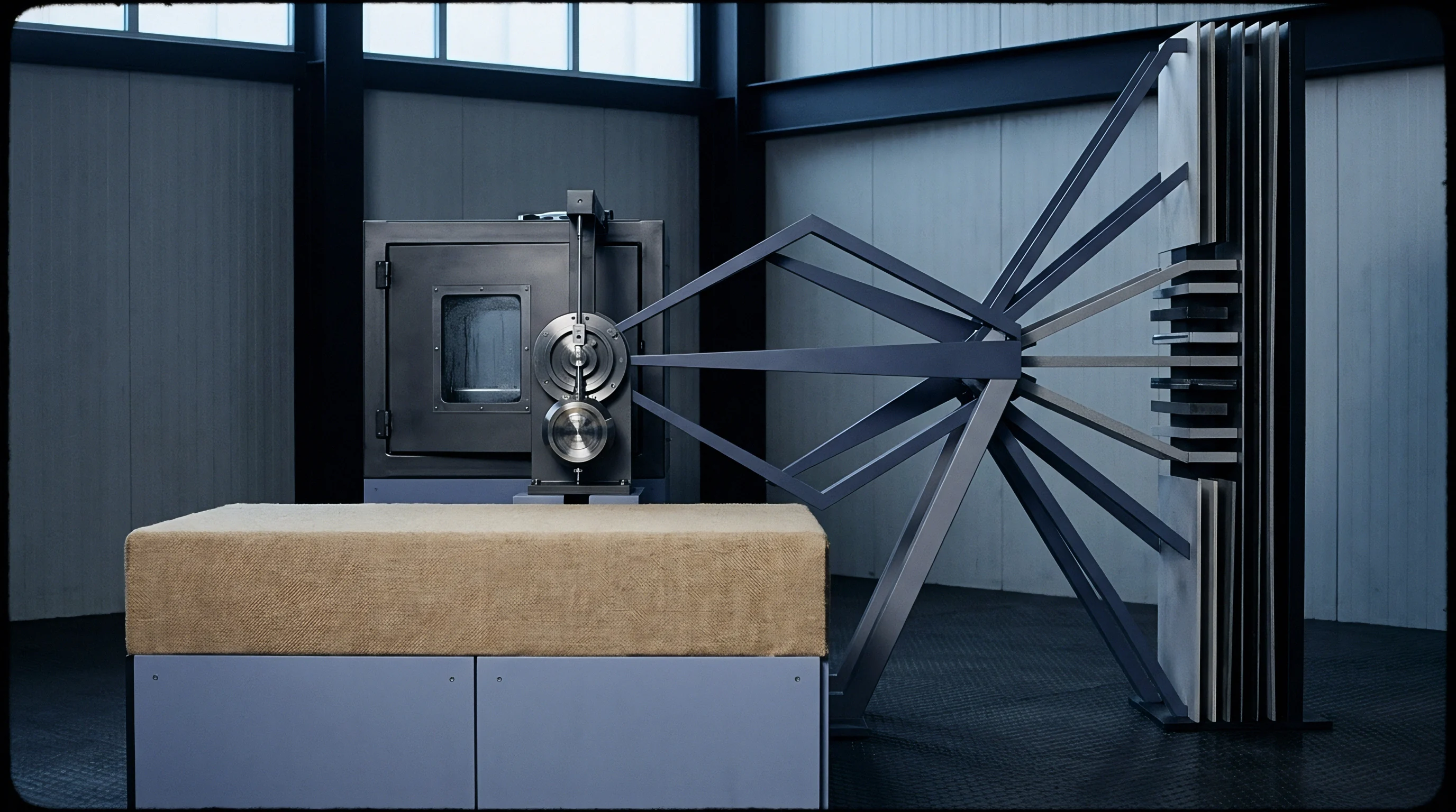 An industrial laboratory setting displays a testing chamber, a cushioned platform, and a complex radiating apparatus adjacent to a vertical panel array.
