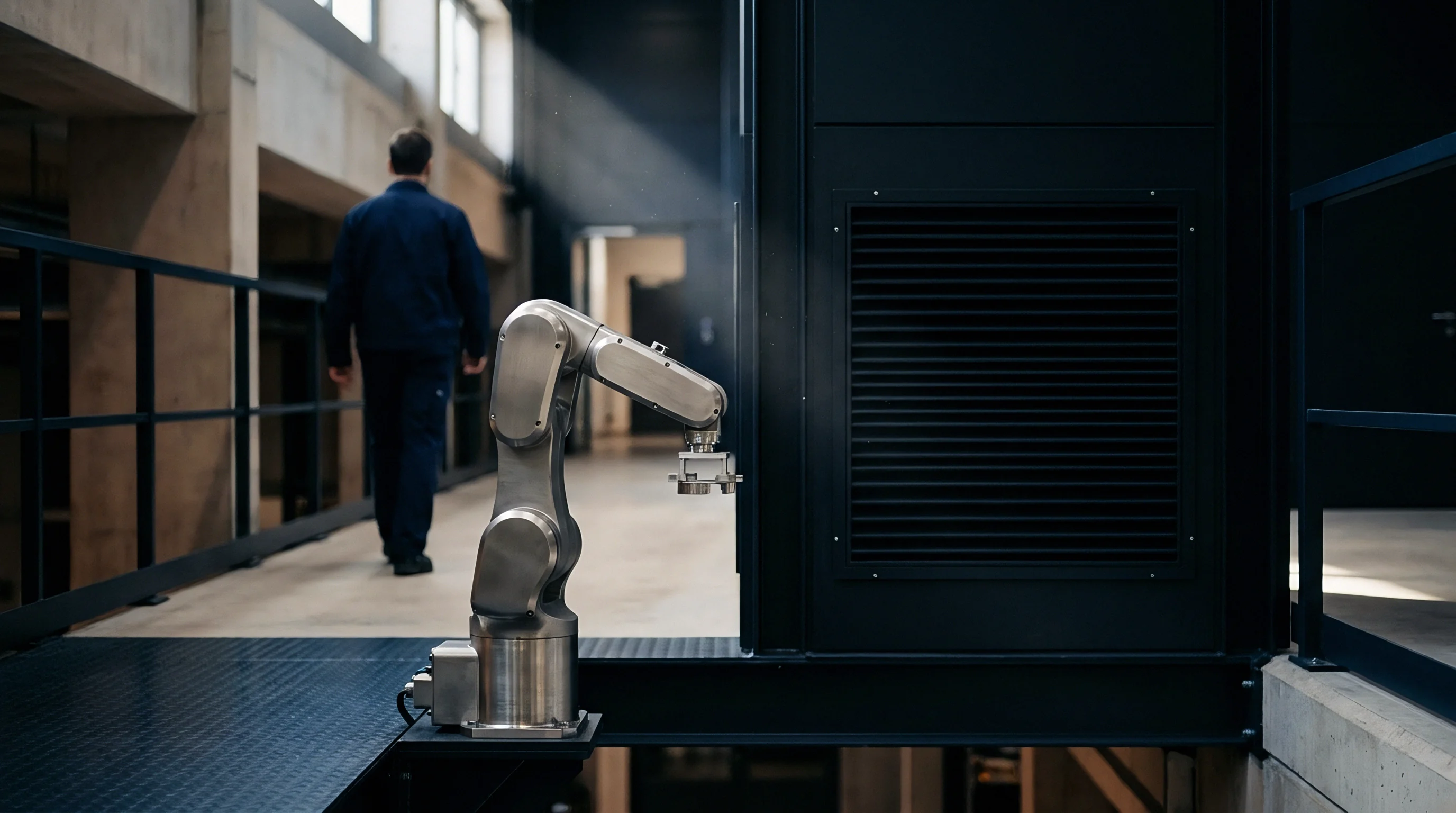 An articulated steel robotic arm stands mounted on a metal platform within an industrial manufacturing corridor while a worker walks away.