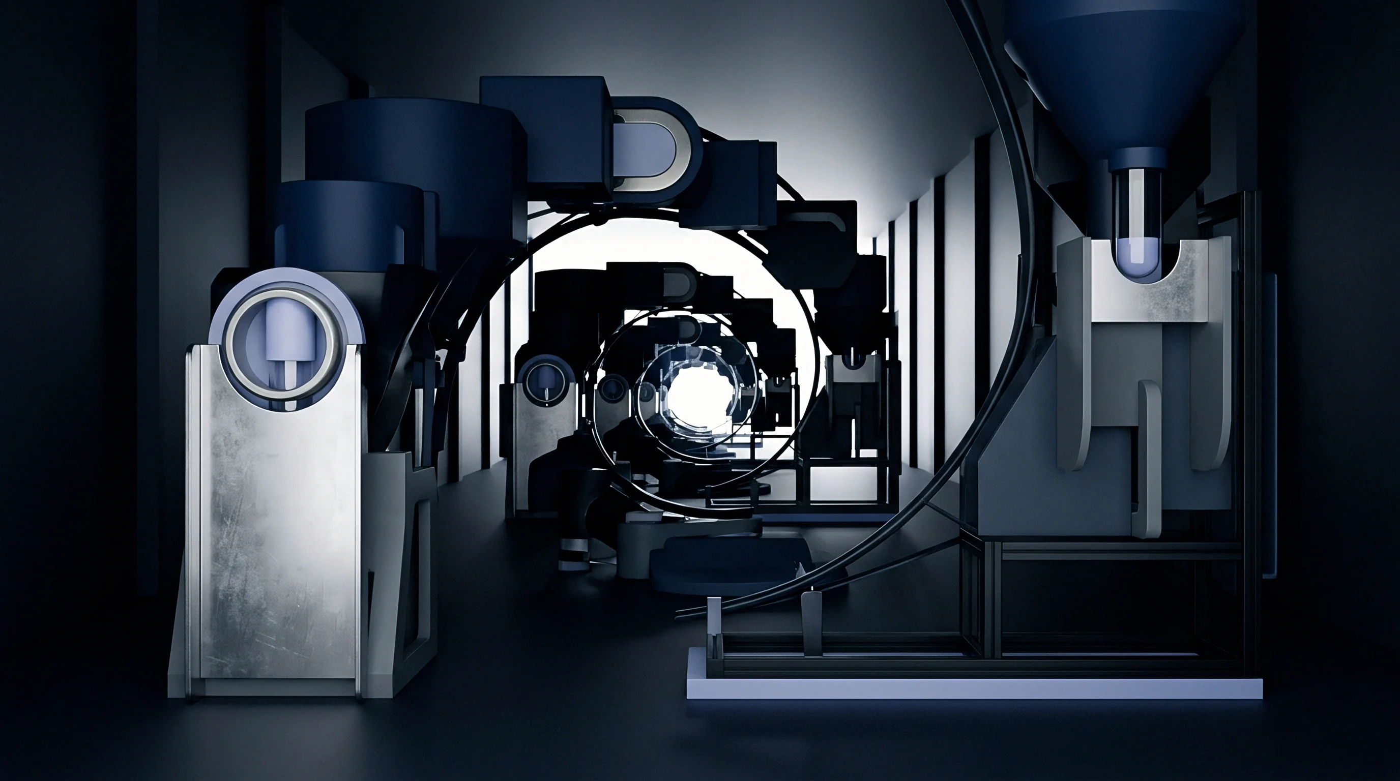 Repeated units of automated industrial machinery form a receding tunnel structure within this digital render illustrating scalable mass production workflows.