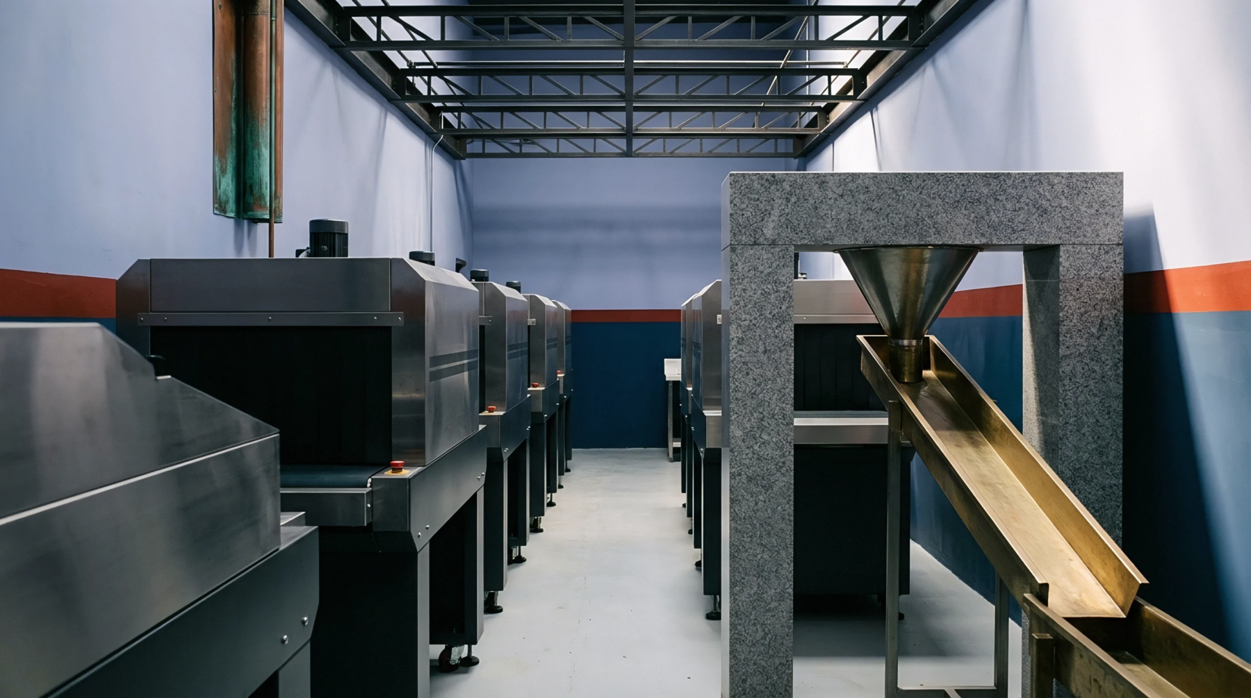 Stainless steel inspection machines stand in parallel rows across a sanitized industrial facility floor equipped with metal material chutes.