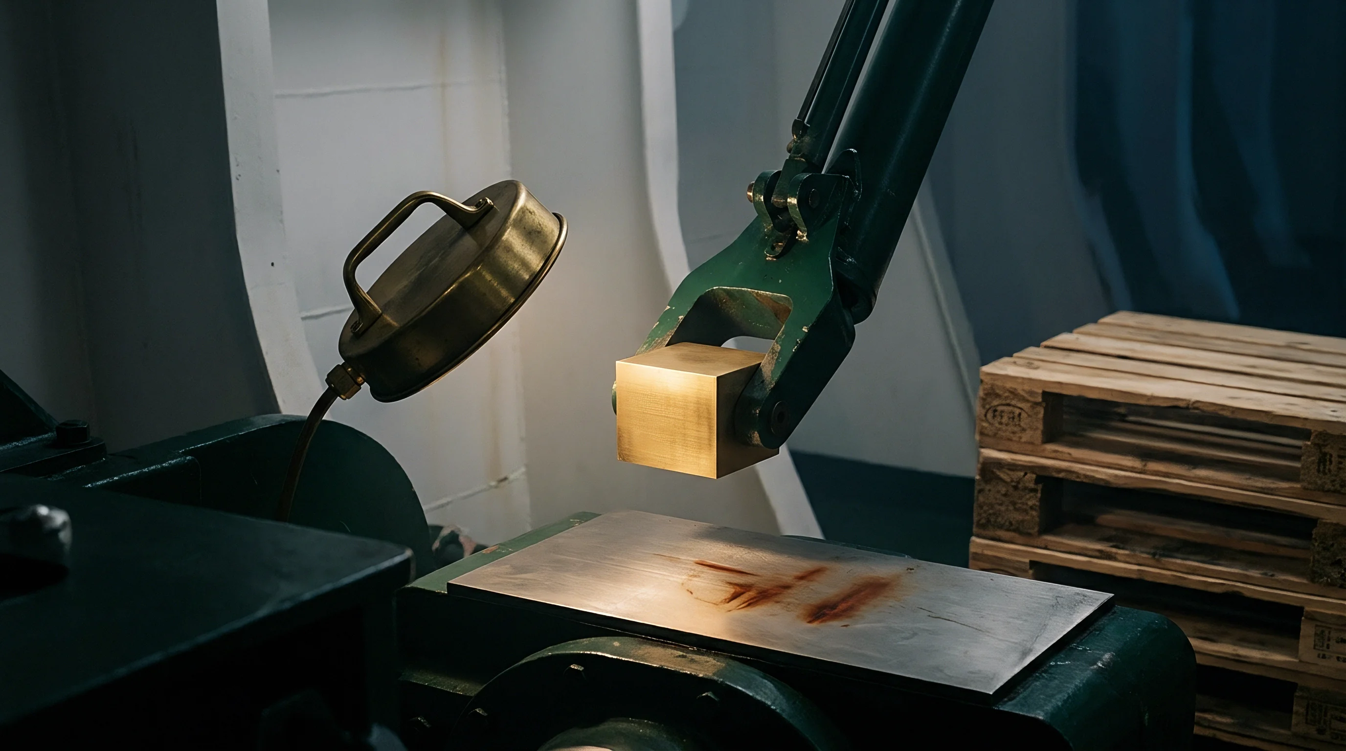 An articulated mechanical arm holds a polished brass cube above a steel workstation inside a manufacturing plant near stacked wooden pallets.