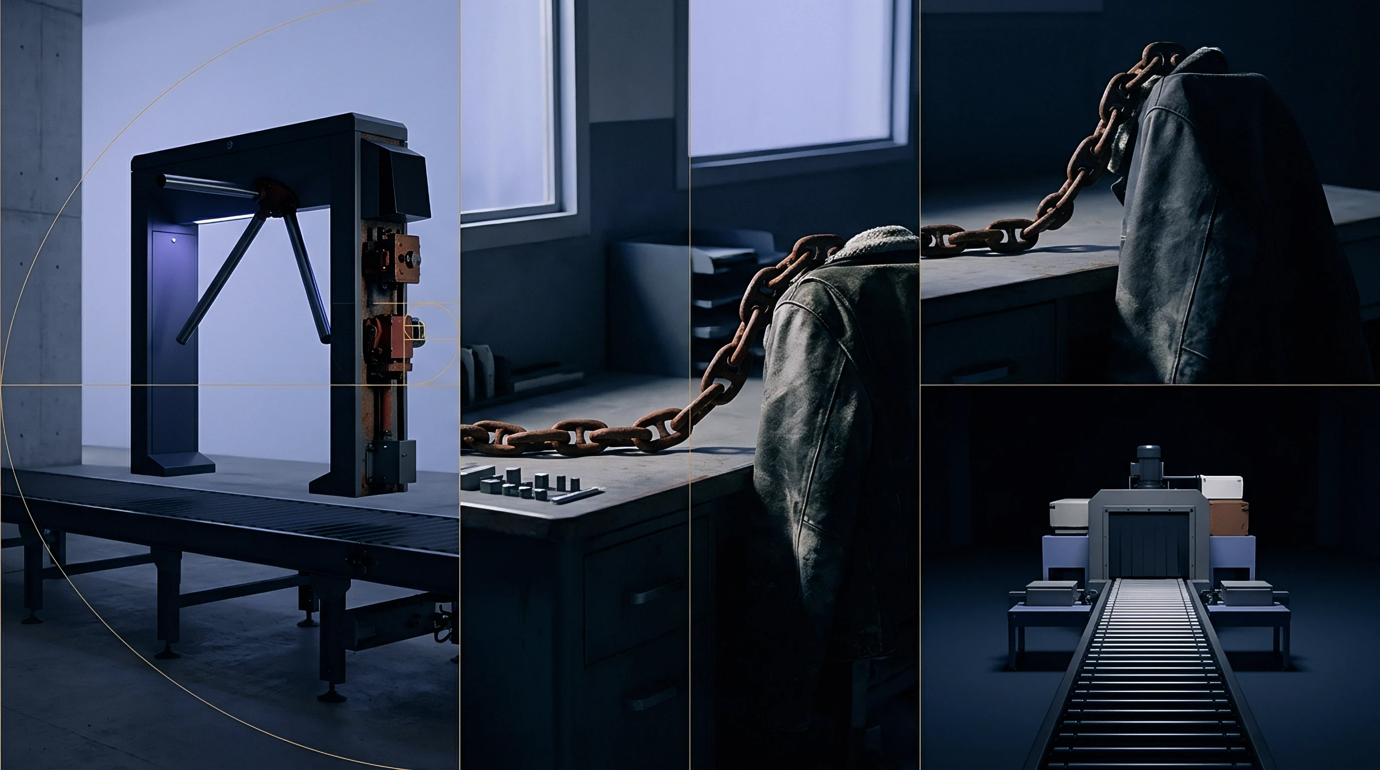 A digital render features a tripod turnstile alongside a leather garment tethered by industrial chains and a radiographic scanner positioned upon conveyor belt lines.