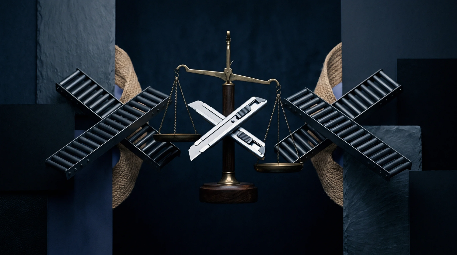 Central brass scales on a wooden stand are positioned between crossed utility knives and metal conveyor roller tracks.