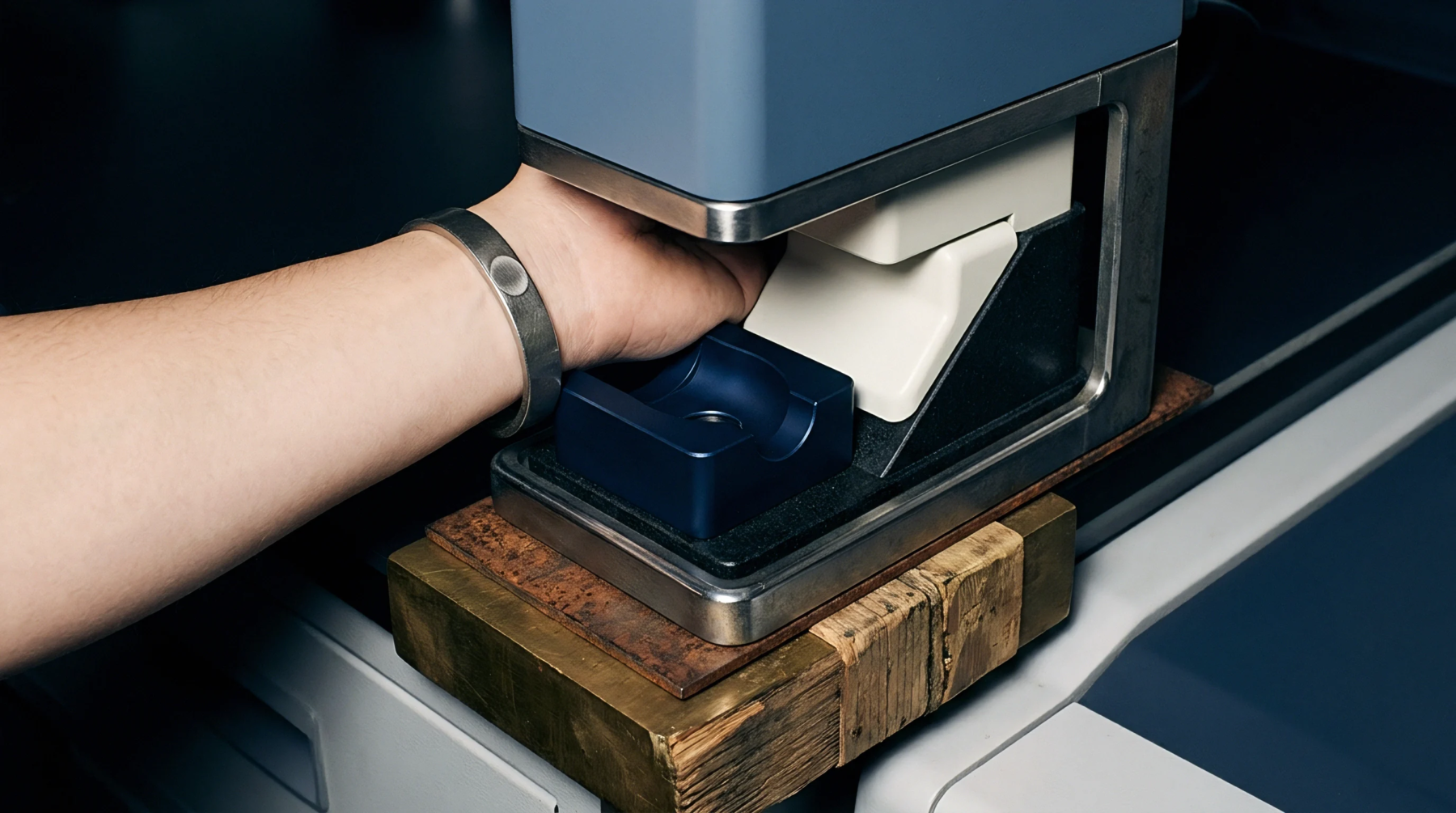 An operator inserts a wrist into a biometric scanner mounted on a metal plate and a wooden block for security authentication.