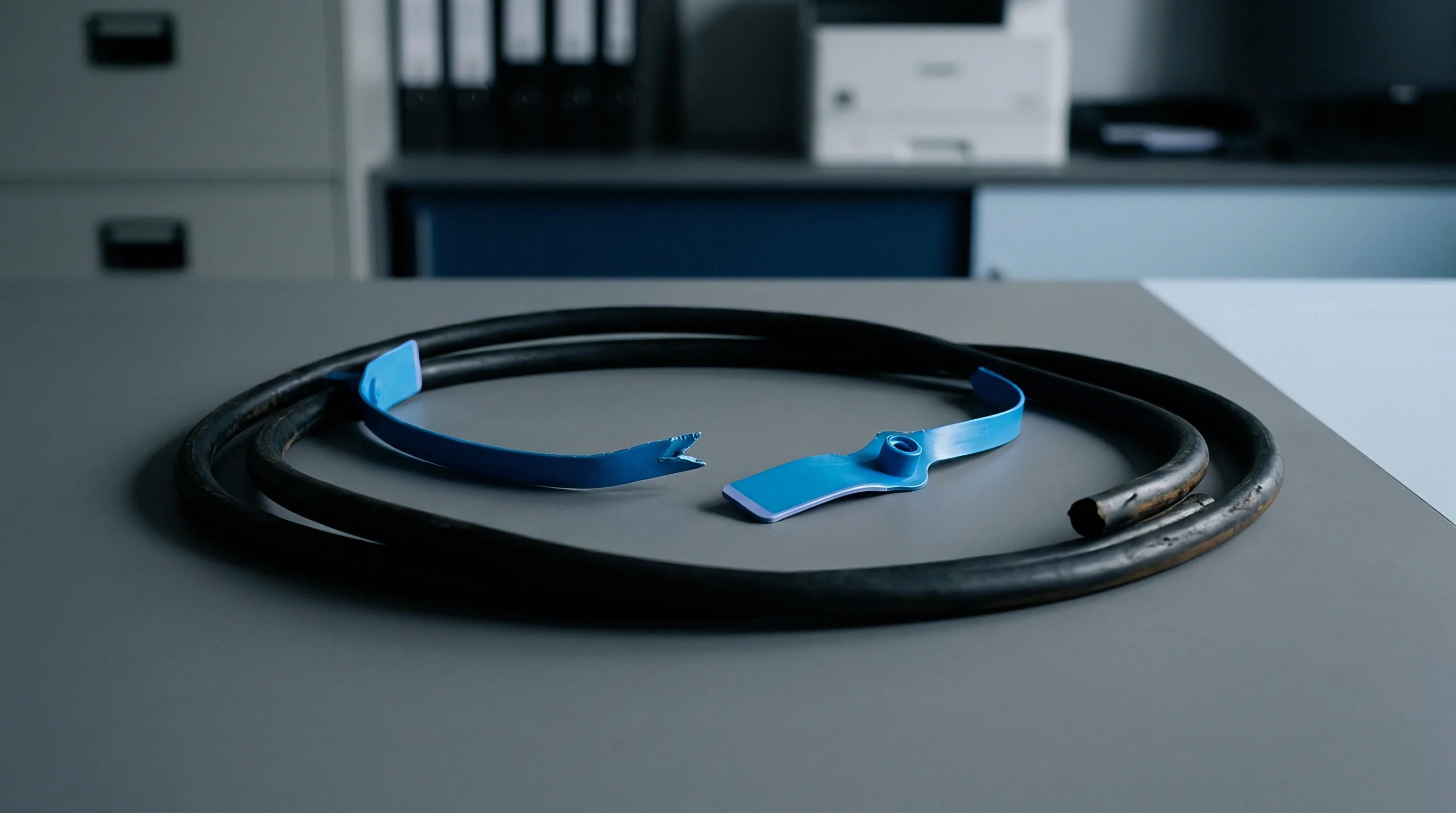 Severed black rubber tubing and a broken blue plastic security seal lie on a gray customs inspection table.