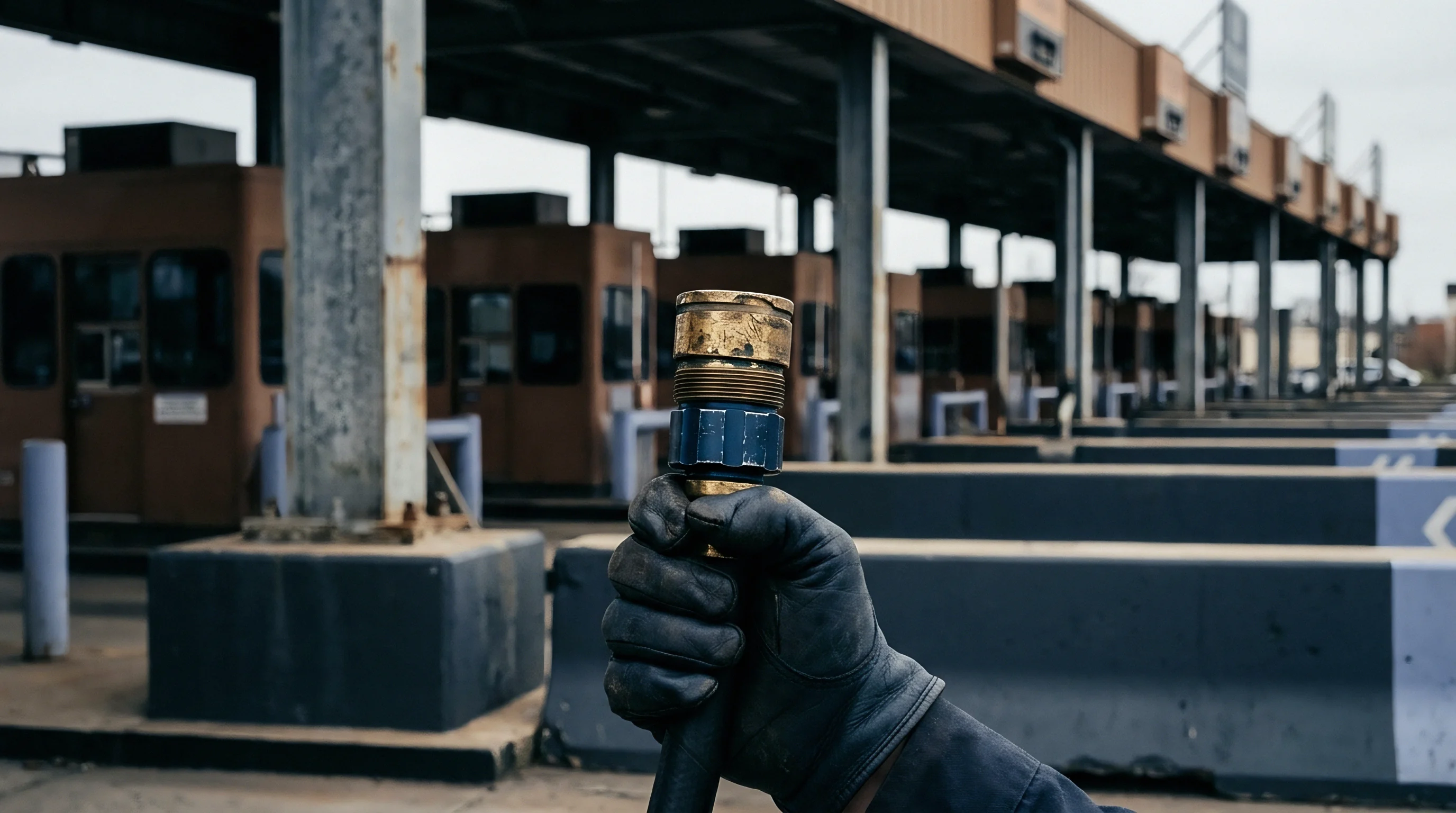 Threaded brass hose coupling held by a gloved hand is positioned before a multilane border crossing checkpoint.