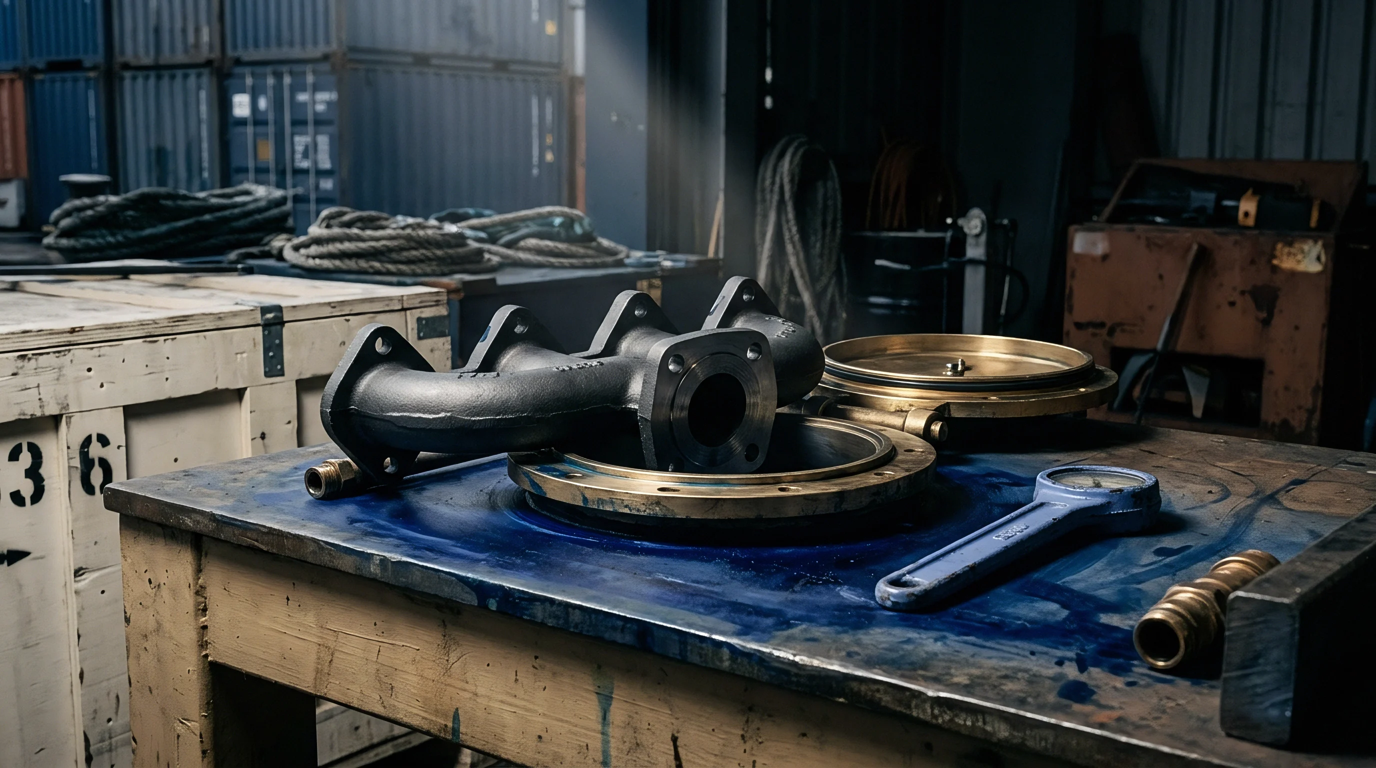 A cast metal exhaust manifold rests beside circular brass access covers and inspection tools on a worn workshop table within a shipping yard.