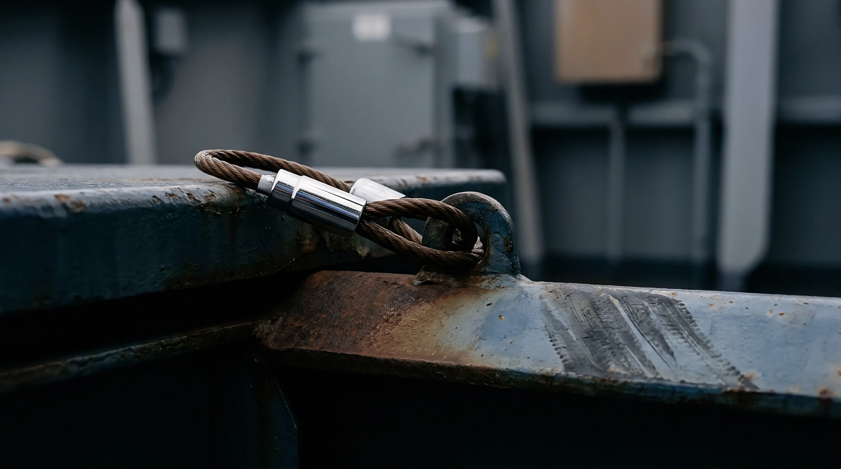 Corroded steel components featuring a braided wire rope fastened to an eyelet reveal material wear in an industrial setting.