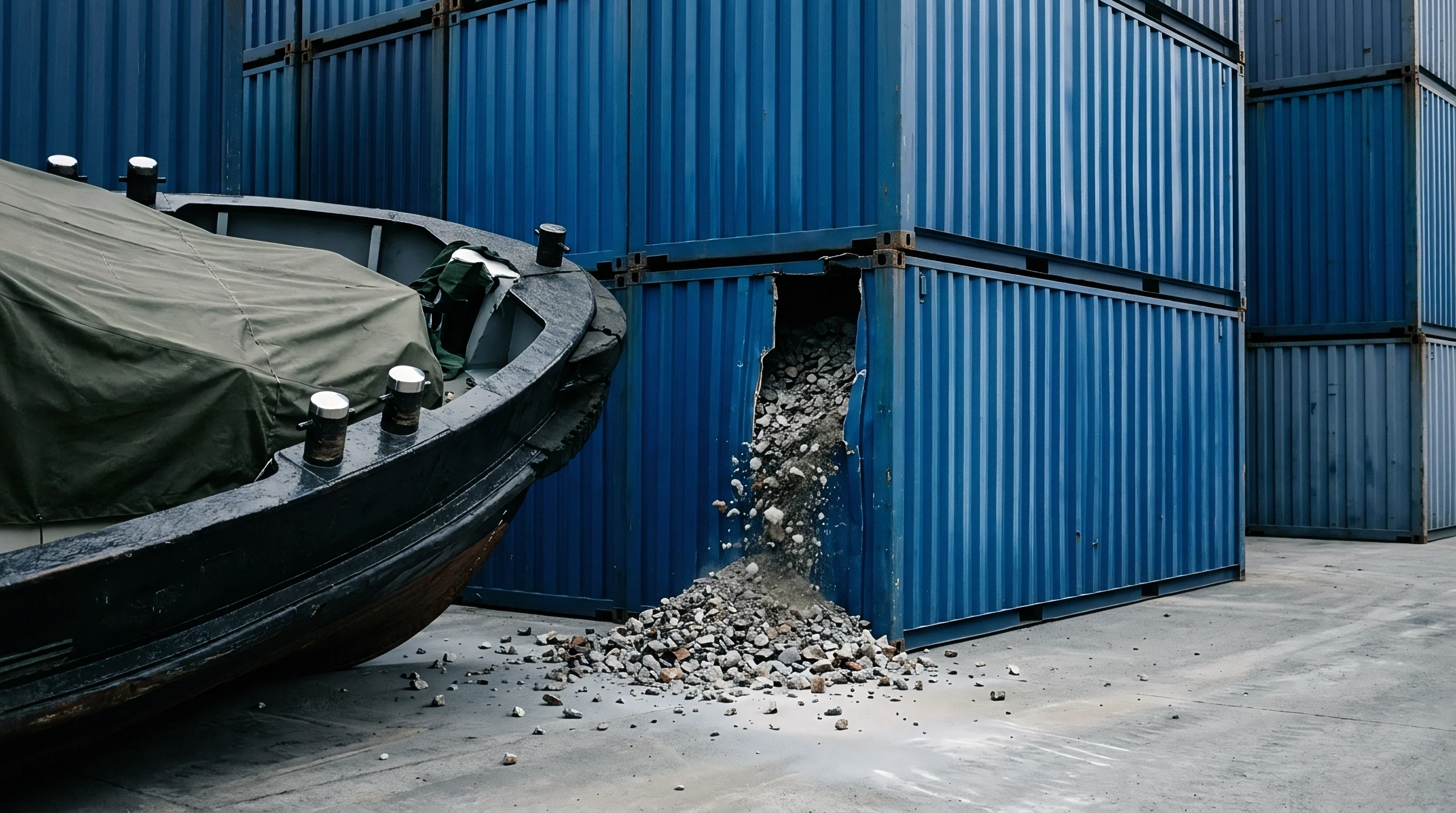 A blue corrugated steel container shows a vertical rupture spilling grey mineral aggregate onto a concrete pad beside a covered vessel hull.
