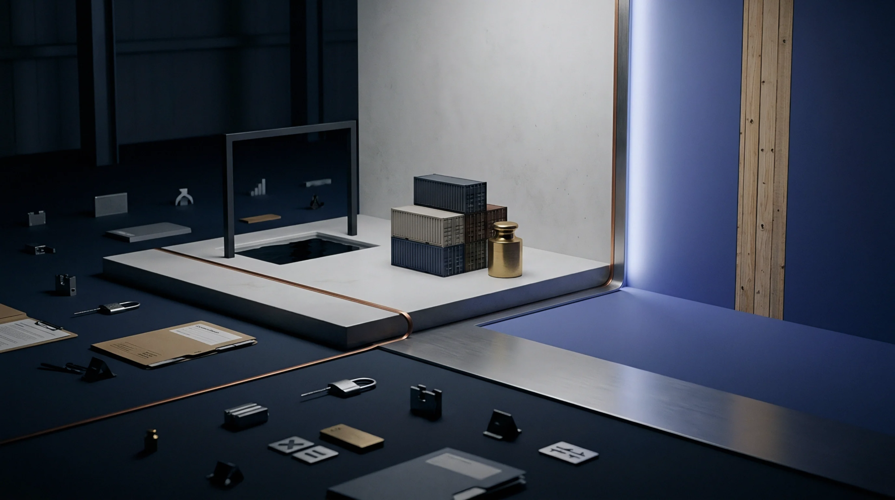 Miniature shipping containers rest upon a monolithic staging platform beside inspection documents and security hardware inside an industrial studio space within a digital illustration.