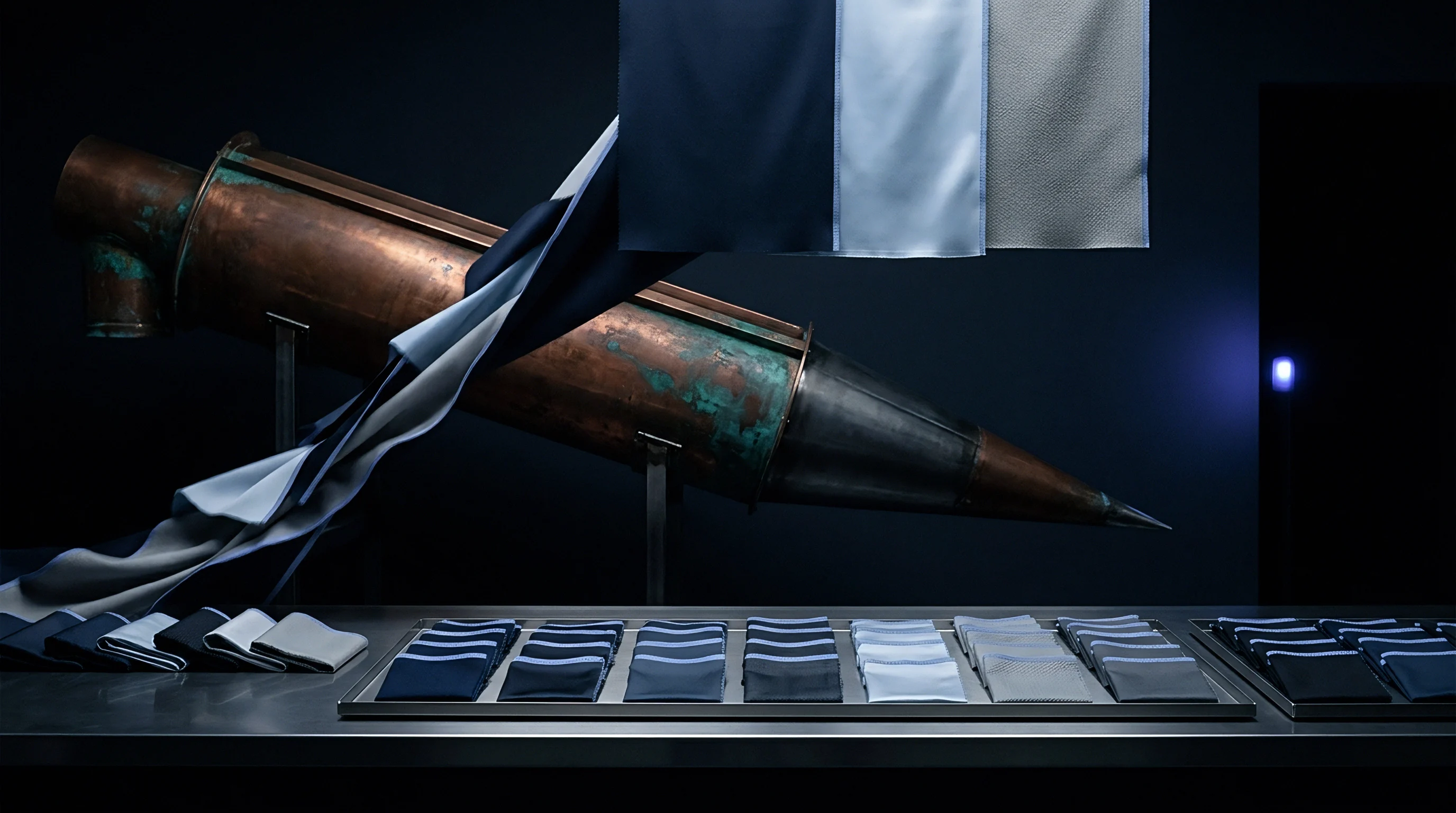 Textile swatches rest on metal sorting trays beside a weathered copper industrial vessel inside a dark manufacturing facility.