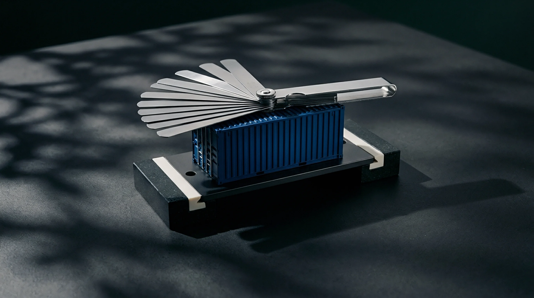A steel feeler gauge set fanned out atop a miniature blue shipping container rests on a dark, reflective surface.