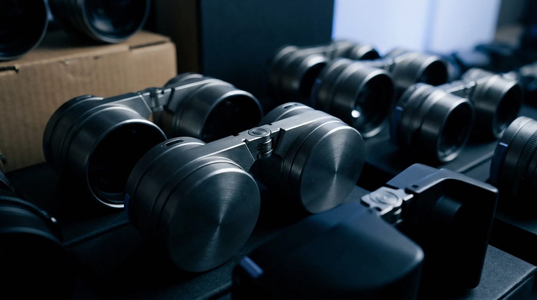 Multiple sets of finished aluminum binoculars stand on a production floor workbench ready for final hardware inspection and logistics processing.