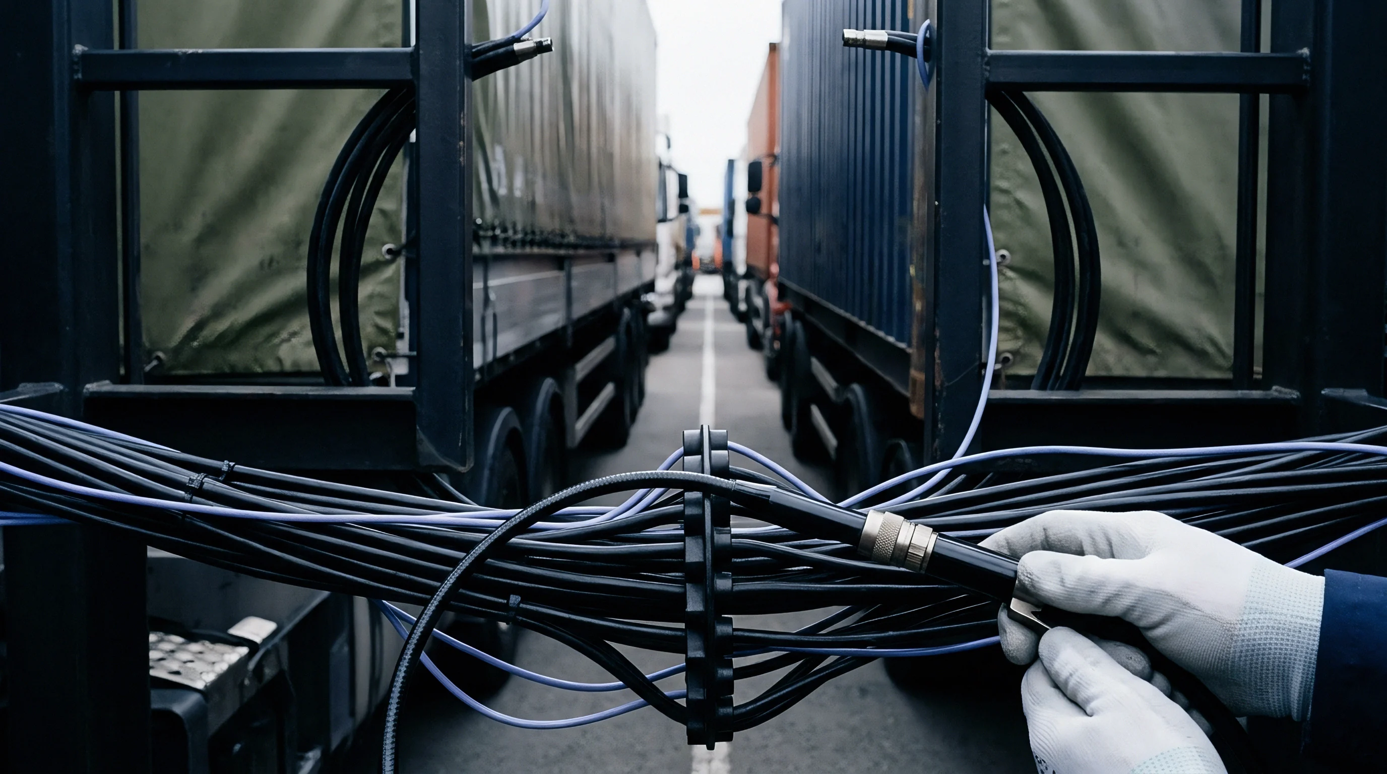 A worker wearing protective gloves handles a heavy duty electrical connector attached to a multi cable harness between rows of parked cargo trailers.
