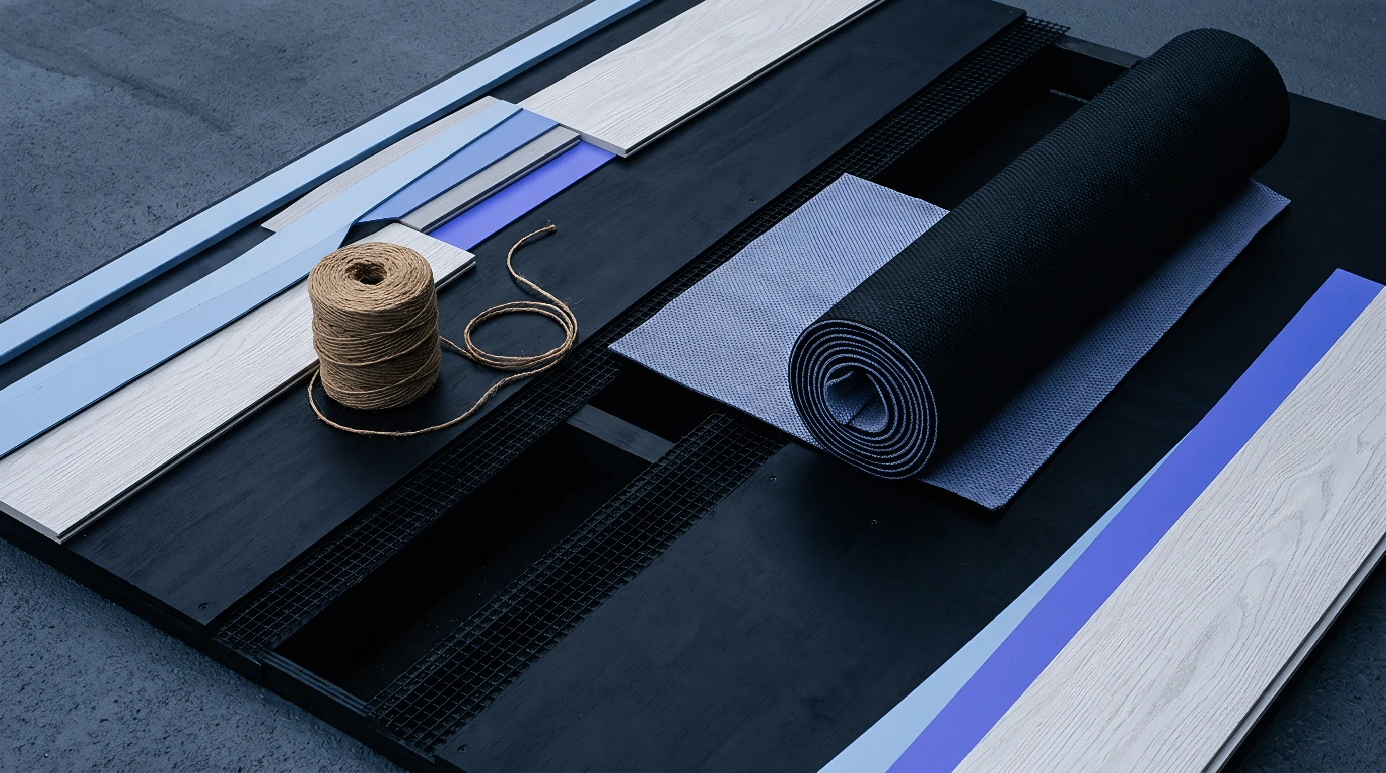 Layered building materials including wood pattern laminate planks and a rolled protective underlayment rest on a black inspection platform.
