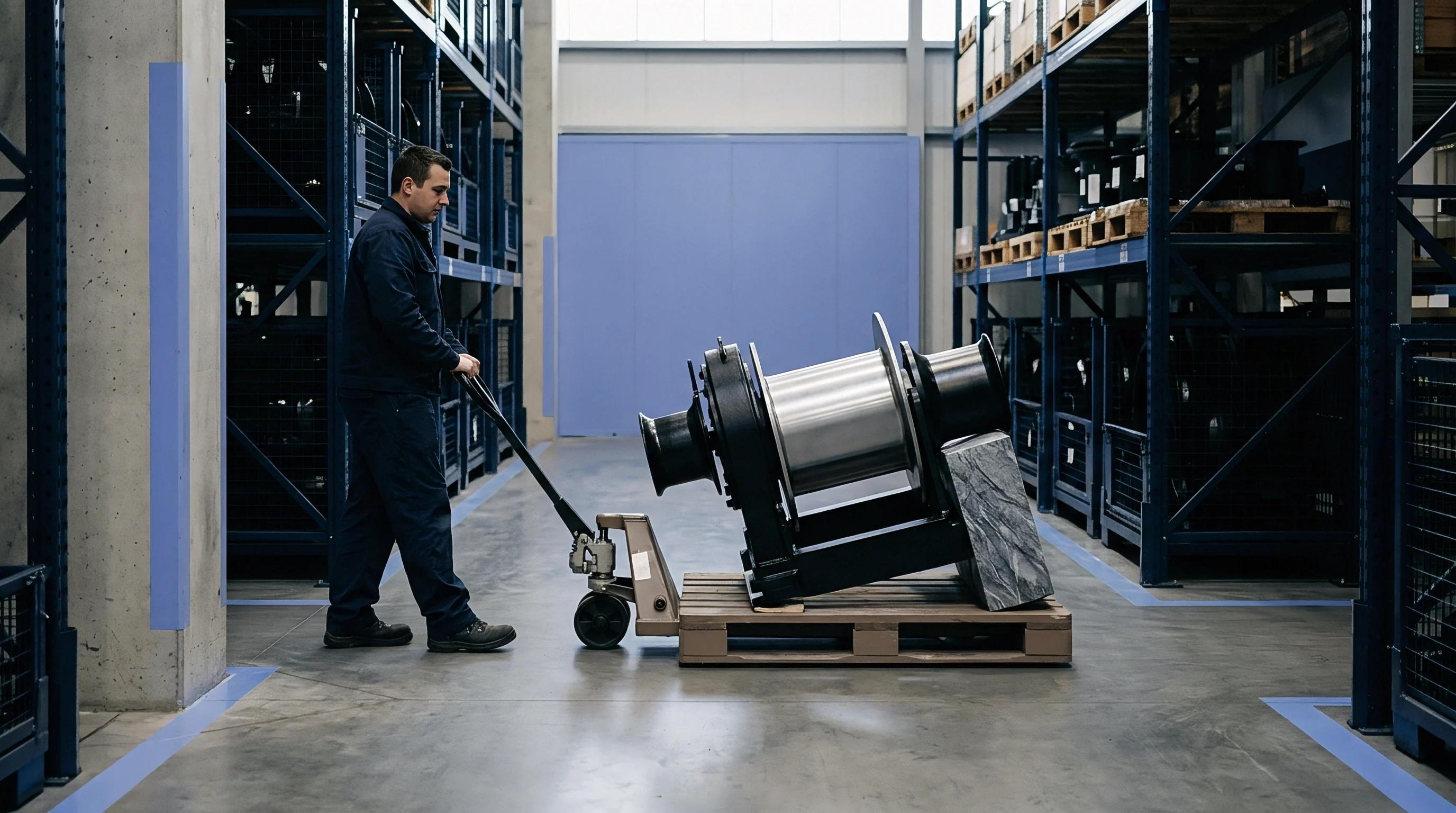 A warehouse worker maneuvers a manual pallet jack carrying a heavy steel industrial winch across a concrete floor between high storage racks.