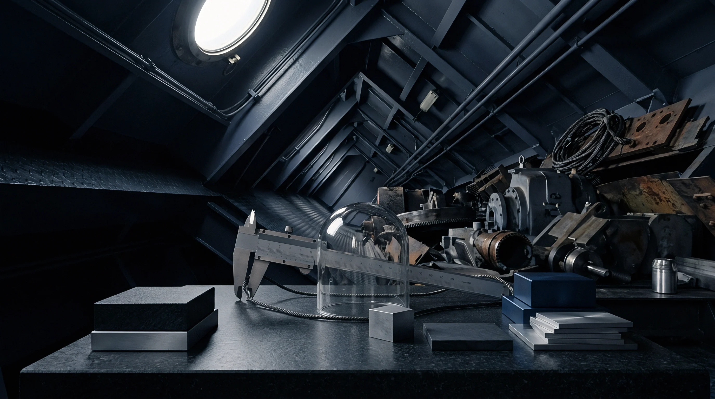 Precision measurement tools and industrial material samples rest on a dark workbench within a cavernous steel hull structure illuminated by a single porthole.