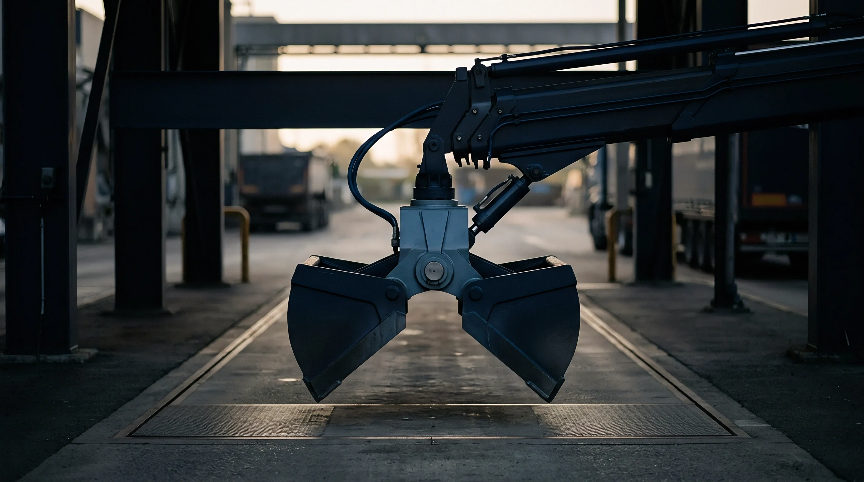 A heavy hydraulic crane grapple hovers above a recessed industrial weighbridge platform inside a freight terminal facility.