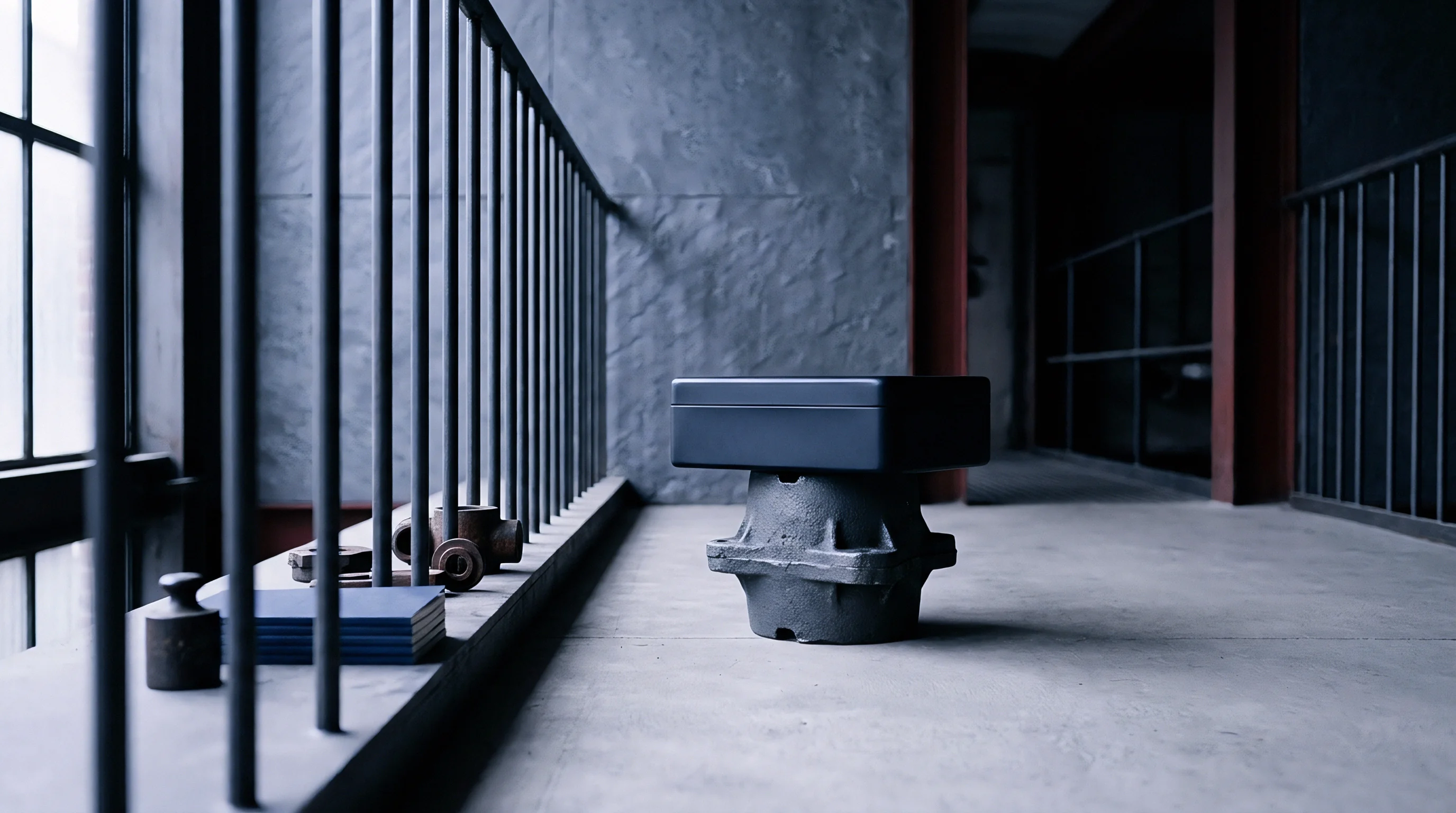 A black electronic case rests upon a heavy cast iron machine component on a concrete floor next to an industrial railing.