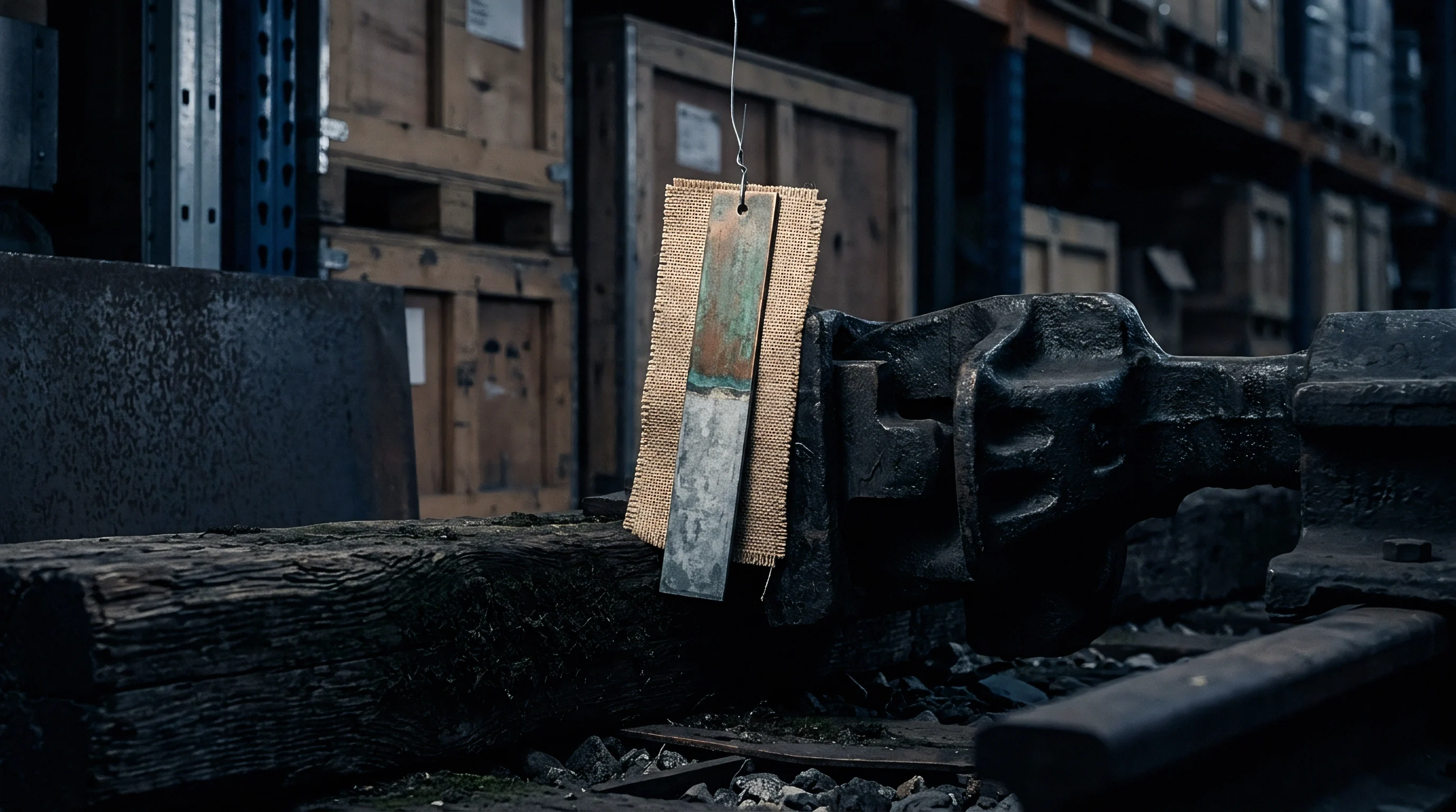 A dual finish metal coupon hangs against a textured fabric backing suspended above wooden railway ties inside a heavy industrial warehouse.