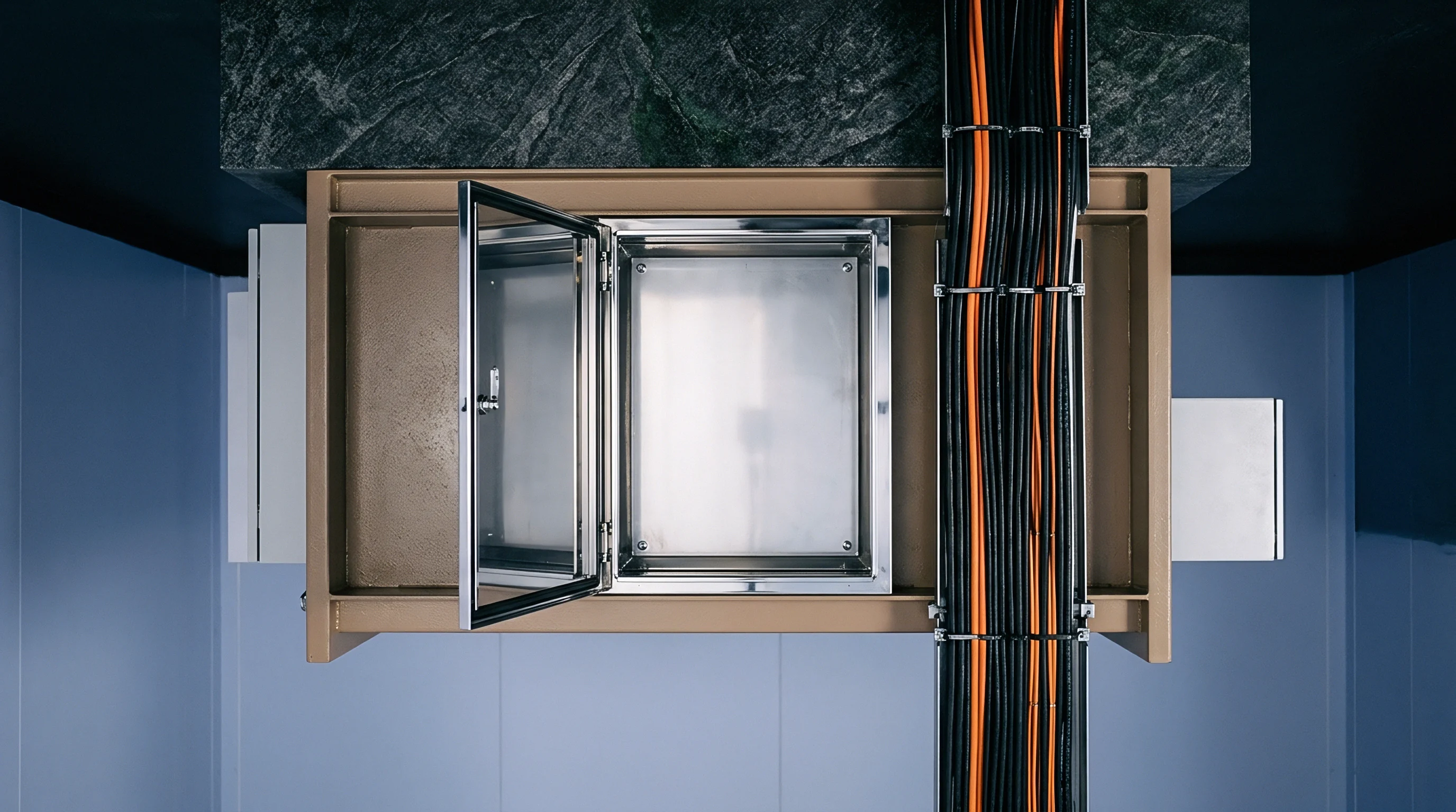 A stainless steel electrical enclosure sits open inside a mounting frame beside a parallel cable tray housing thick industrial wiring bundles.