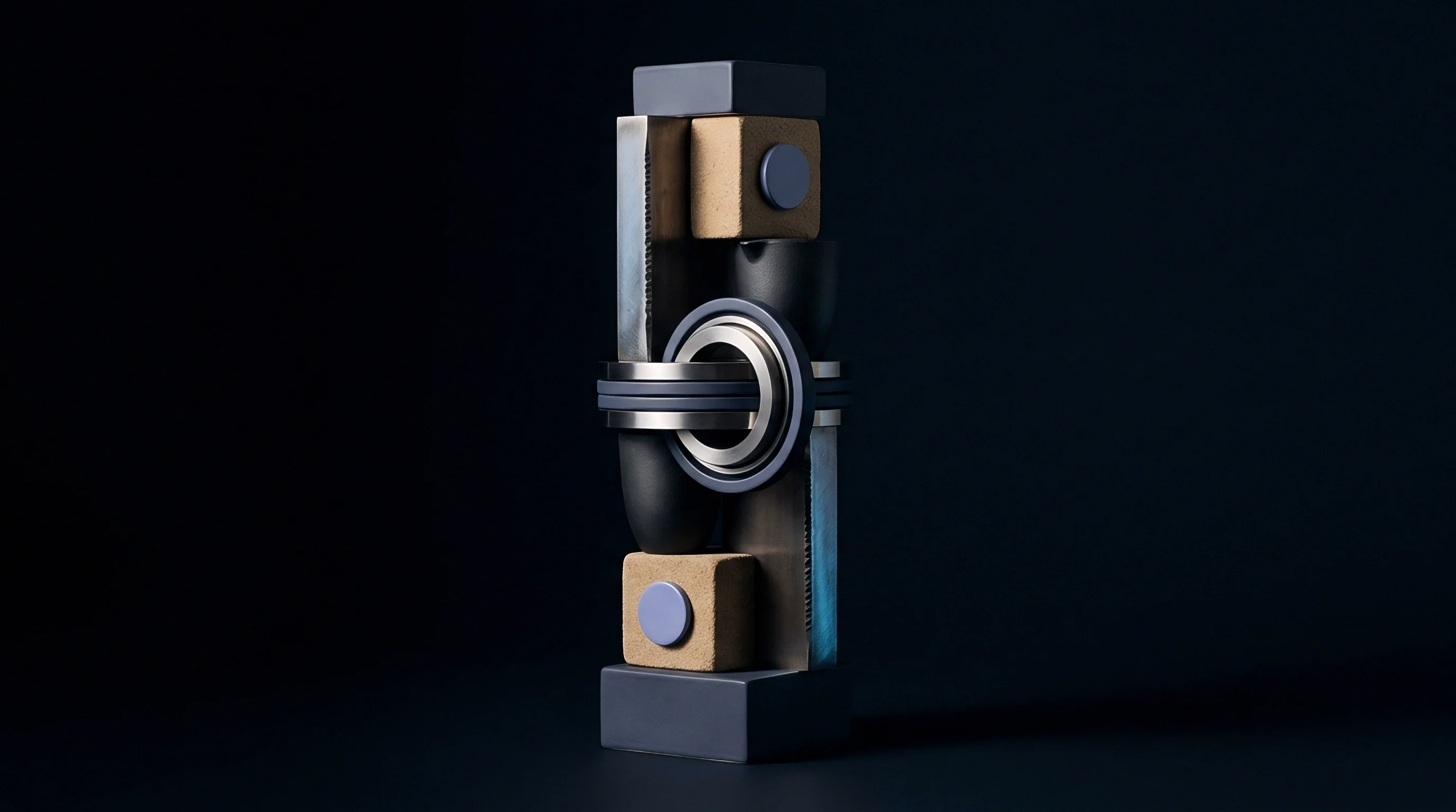 A digital illustration presents a vertical arrangement of geometric ceramic blocks metal rings and structural elements on a dark studio plane.