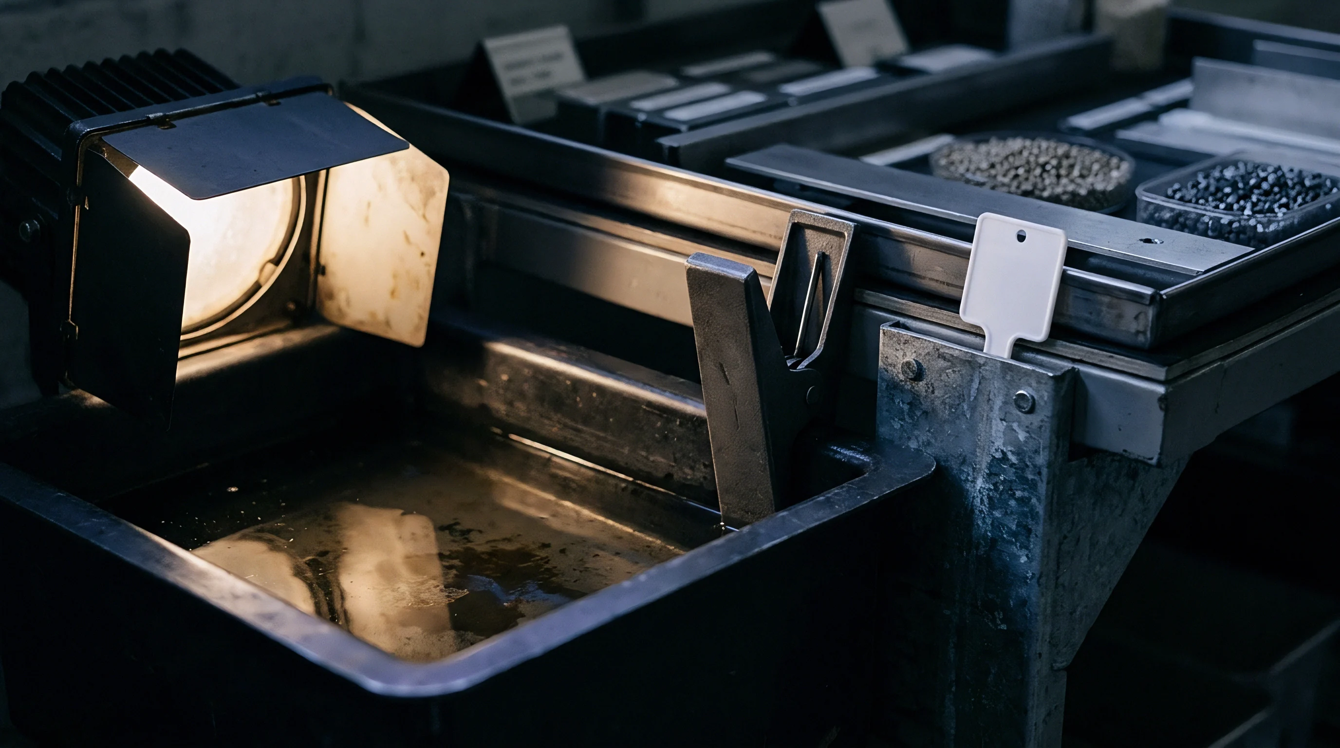 An industrial inspection station features a localized light source above a liquid filled treatment trough and containers of granular metal components.