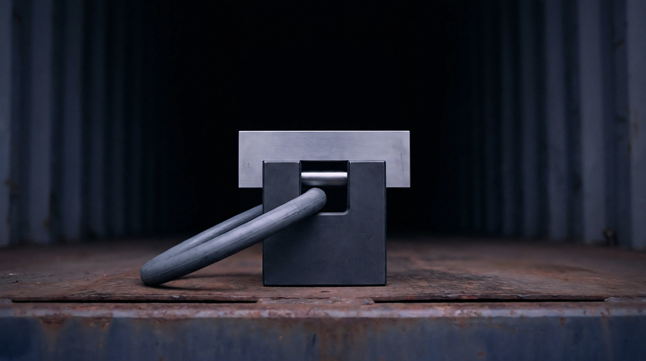 A heavy metal lashing ring is secured to a steel block mounted on a weathered corrugated metal surface within a dark industrial environment.