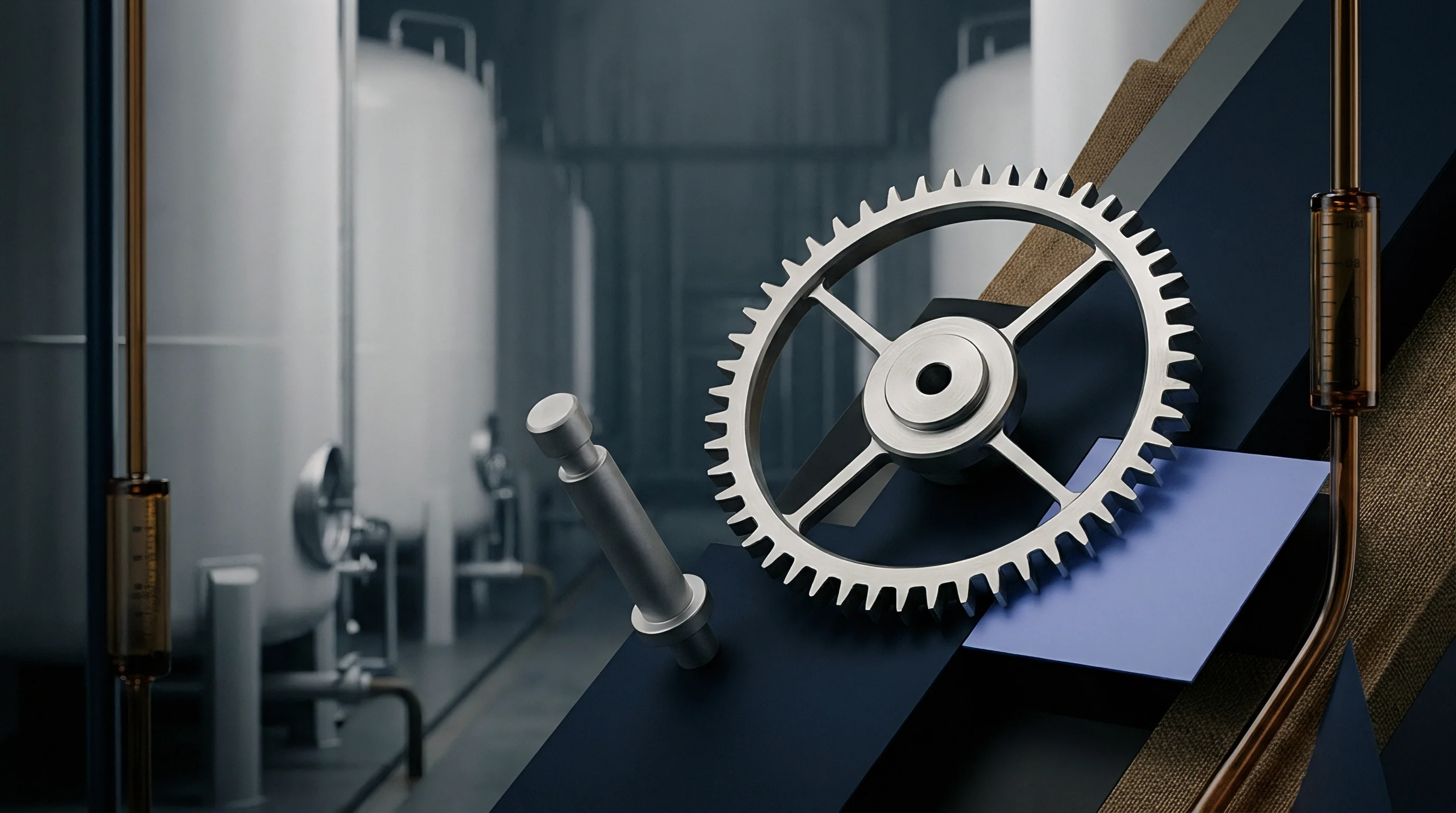A digital render shows a metallic gear resting near a machine pin atop dark structural blocks inside an industrial processing plant.