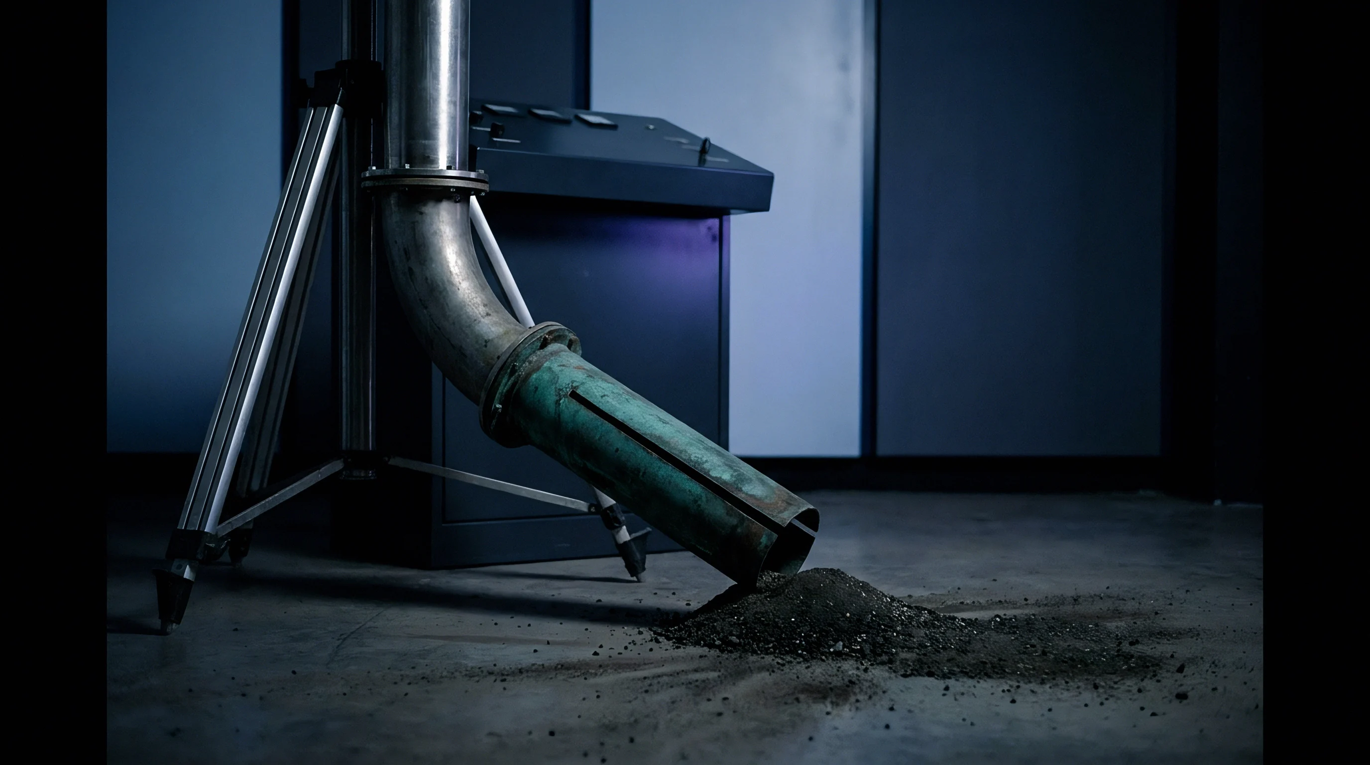 A metal discharge pipe on a tripod stand deposits a pile of dark industrial aggregate onto a concrete floor within a laboratory facility.