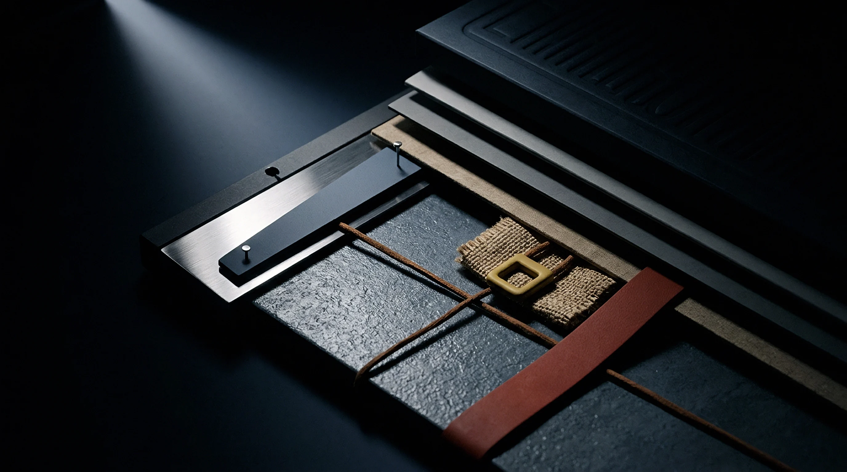 Layered physical material samples include metallic strips, textile squares, and dark textured surfaces arranged on a dark industrial workstation surface.