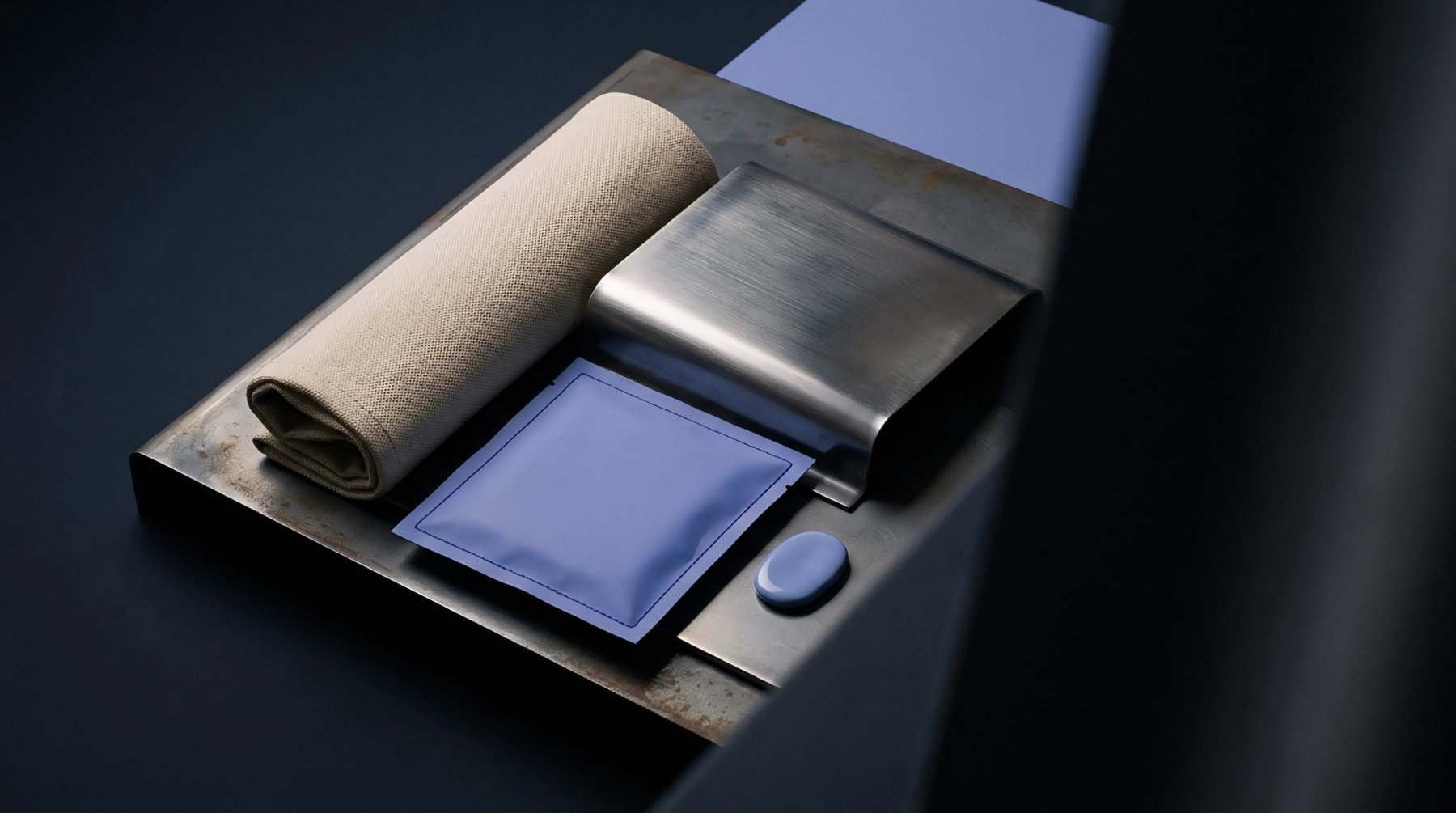 Rolled textile sample, sealed polymer pouch, brushed steel housing, and molded component rest on a dark industrial plate.