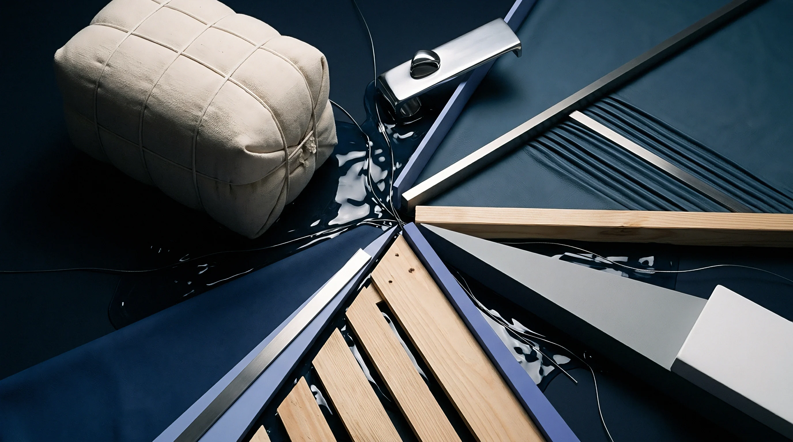 Diverse product materials including a textile block, wooden battens, chrome fittings, and metal strips are arranged on a dark blue surface.