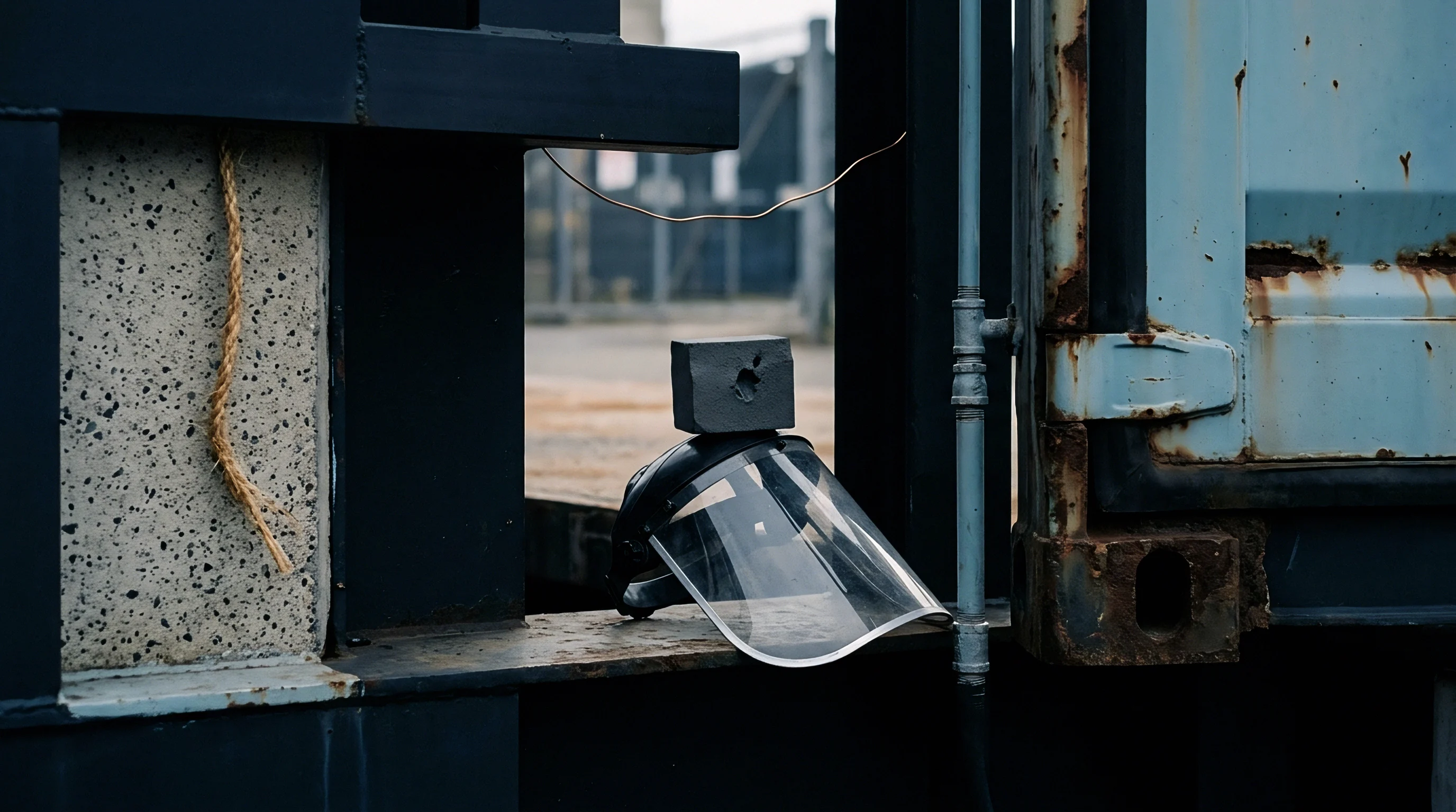 A grey material test sample rests on a clear plastic face shield positioned near industrial steel framing and a shipping container.