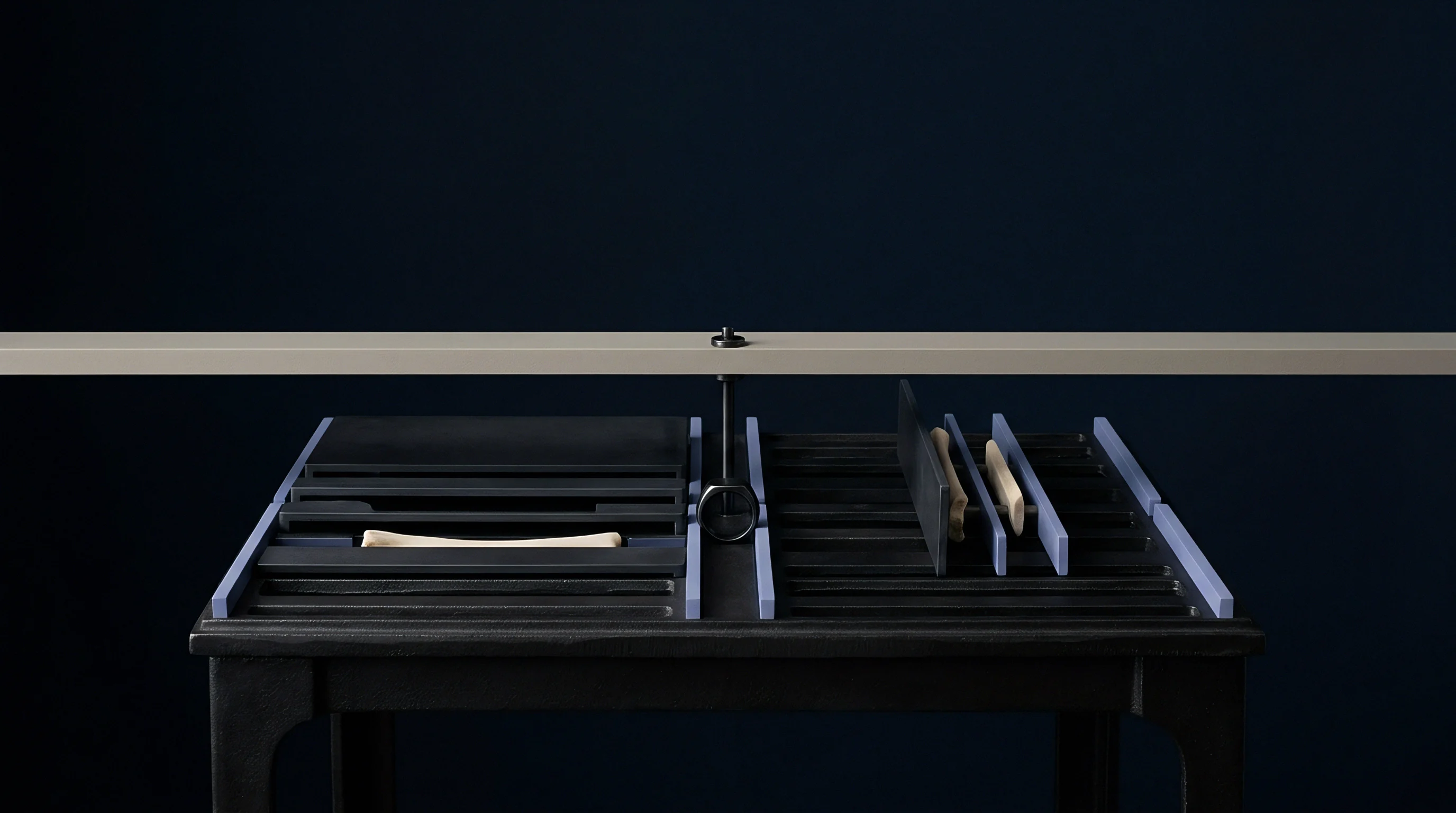 A precision inspection table holds organized specimen components under a horizontal calibration beam against a dark background.