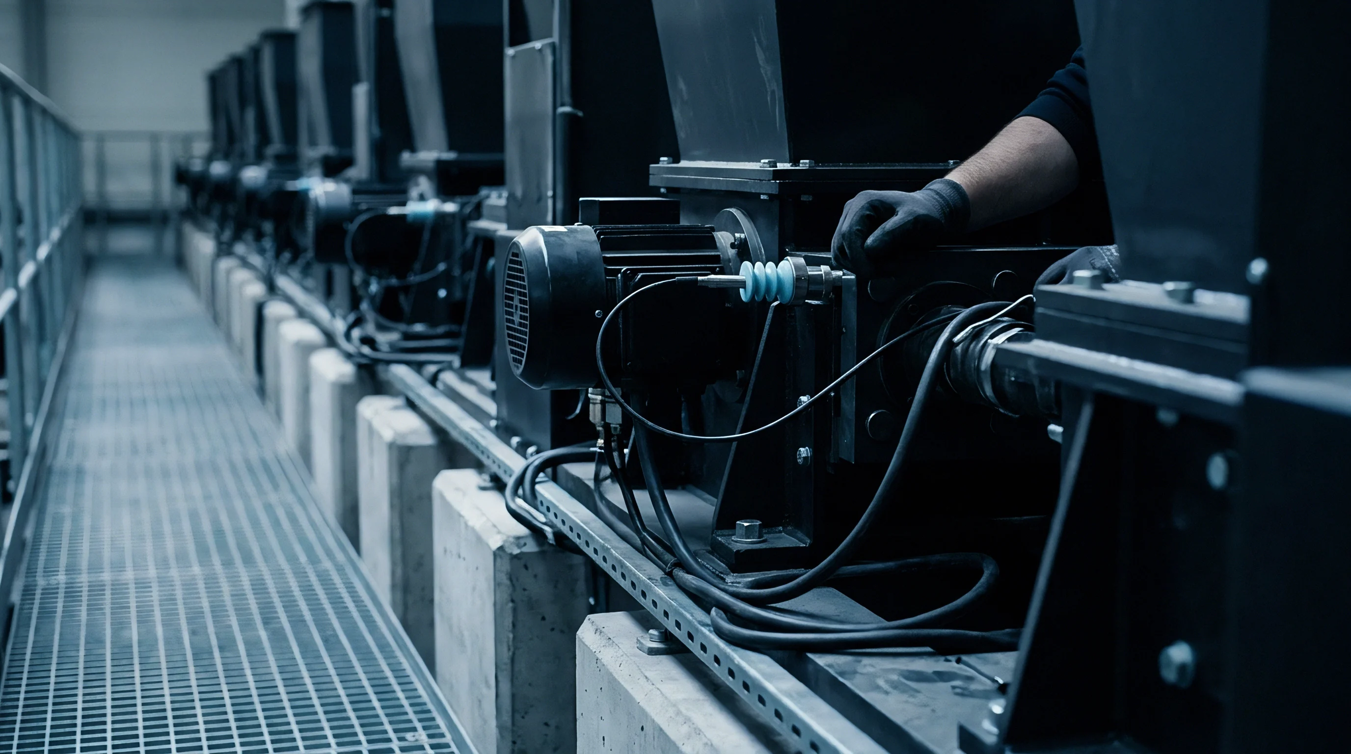 A row of robust industrial processing machines with electric motors and control wiring stands ready for production on a factory floor.