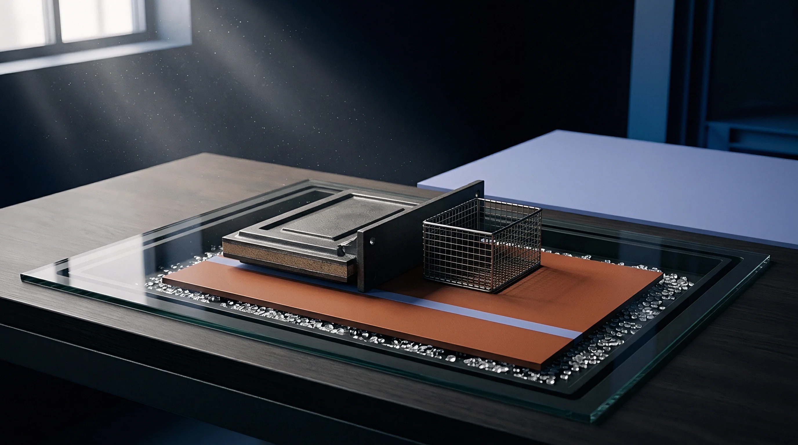 A metal molding component and wire mesh basket rest upon an orange resin panel inside a glass workbench display frame.