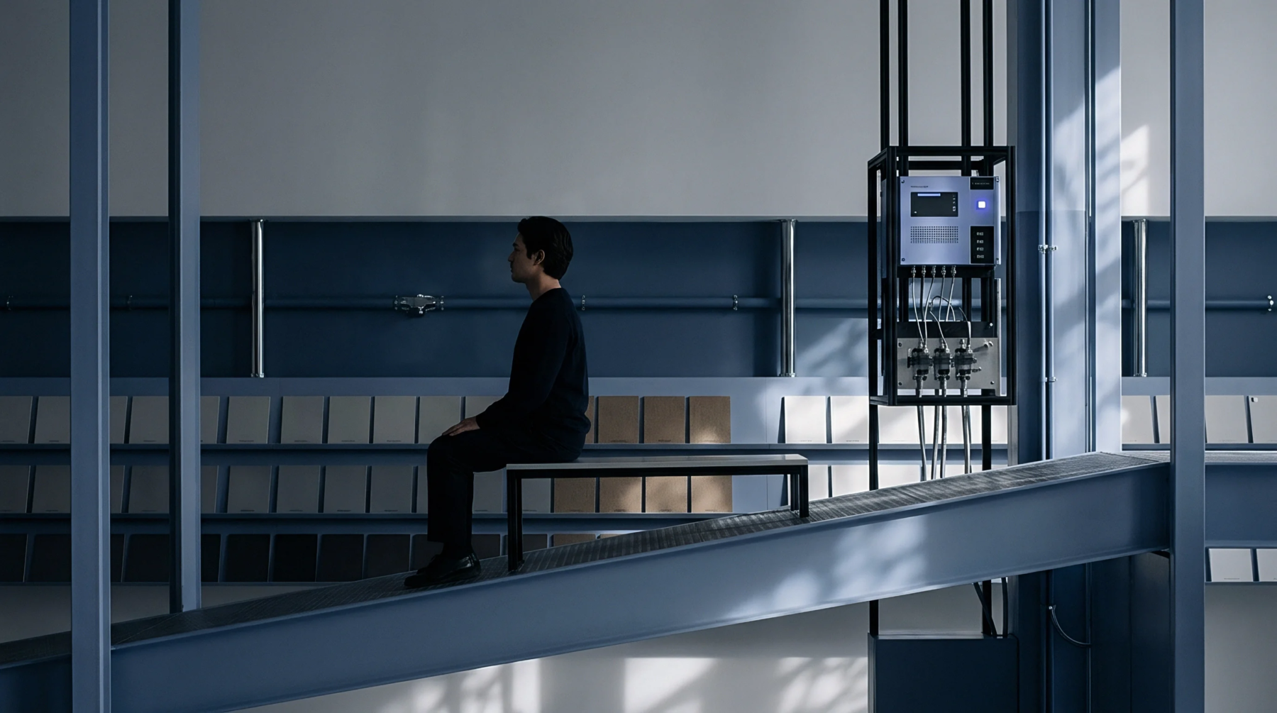 A technician sits on a metal bench positioned on a steel ramp inside an industrial testing laboratory with color reference boards.