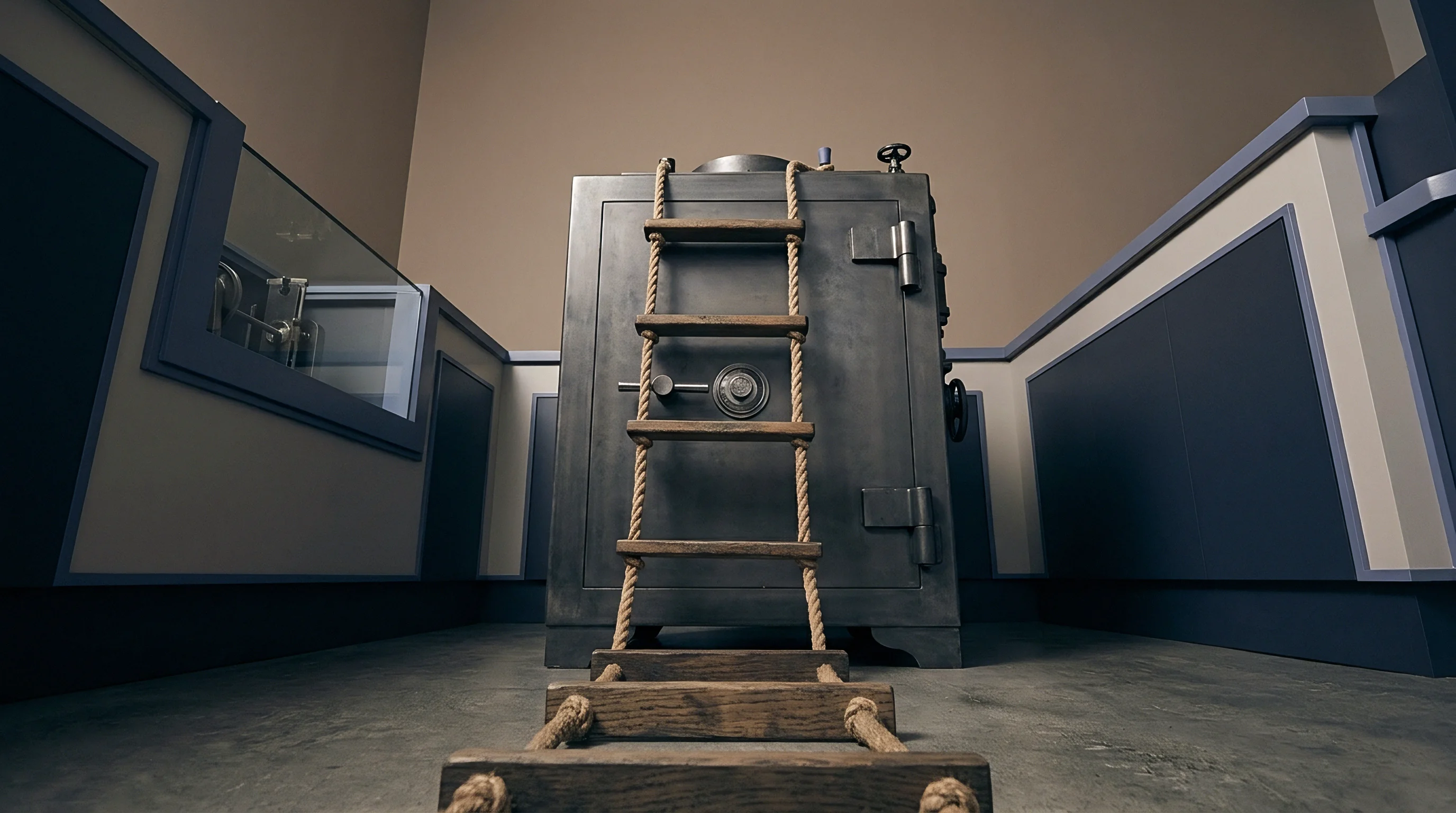 A heavy industrial metal safe rests centrally in a secure room with a rope ladder placed on the concrete floor leading towards the vault door.