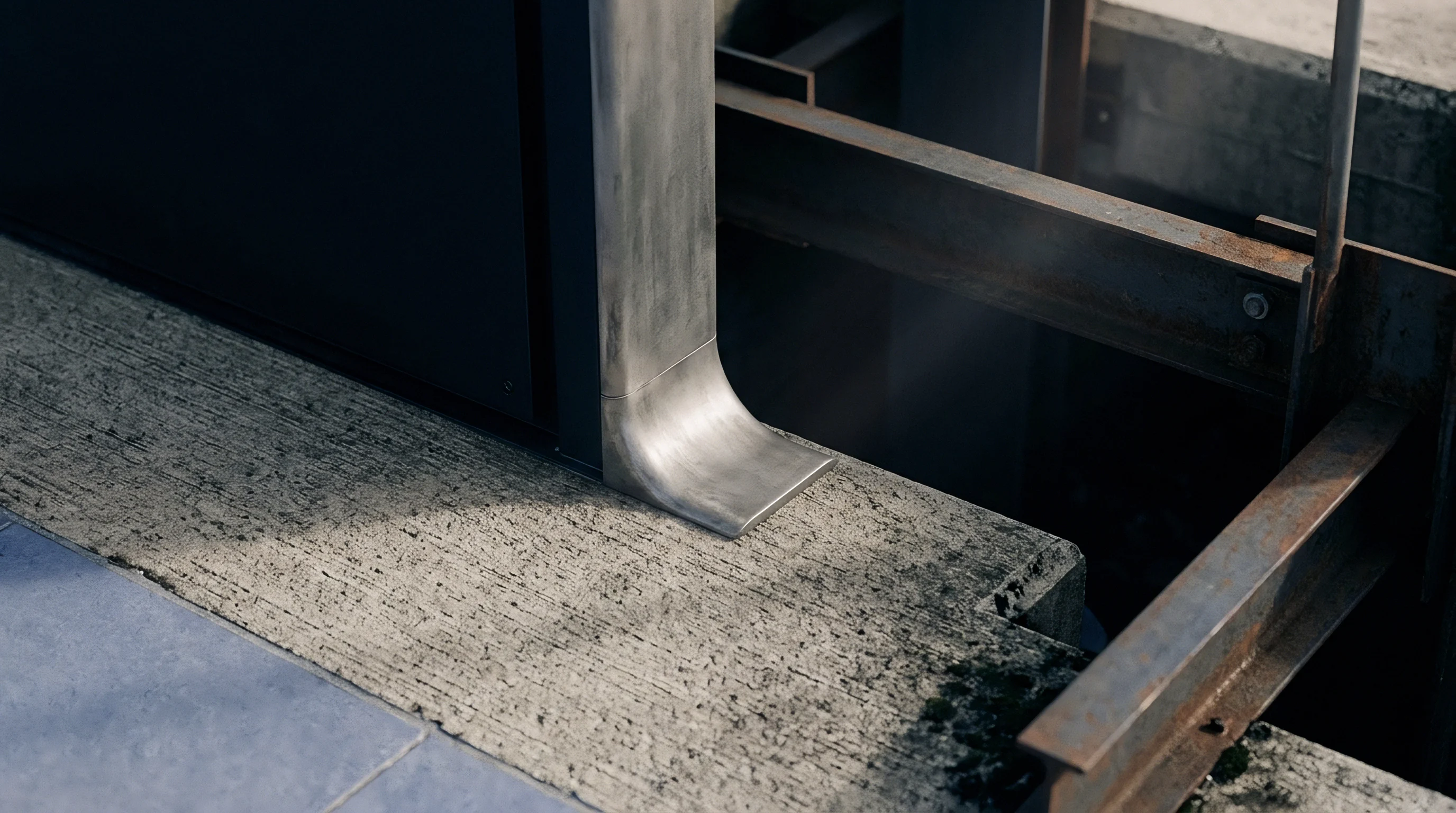 A formed metal drainage flange rests on a concrete foundation next to primary structural steel beams within an industrial facility perimeter.