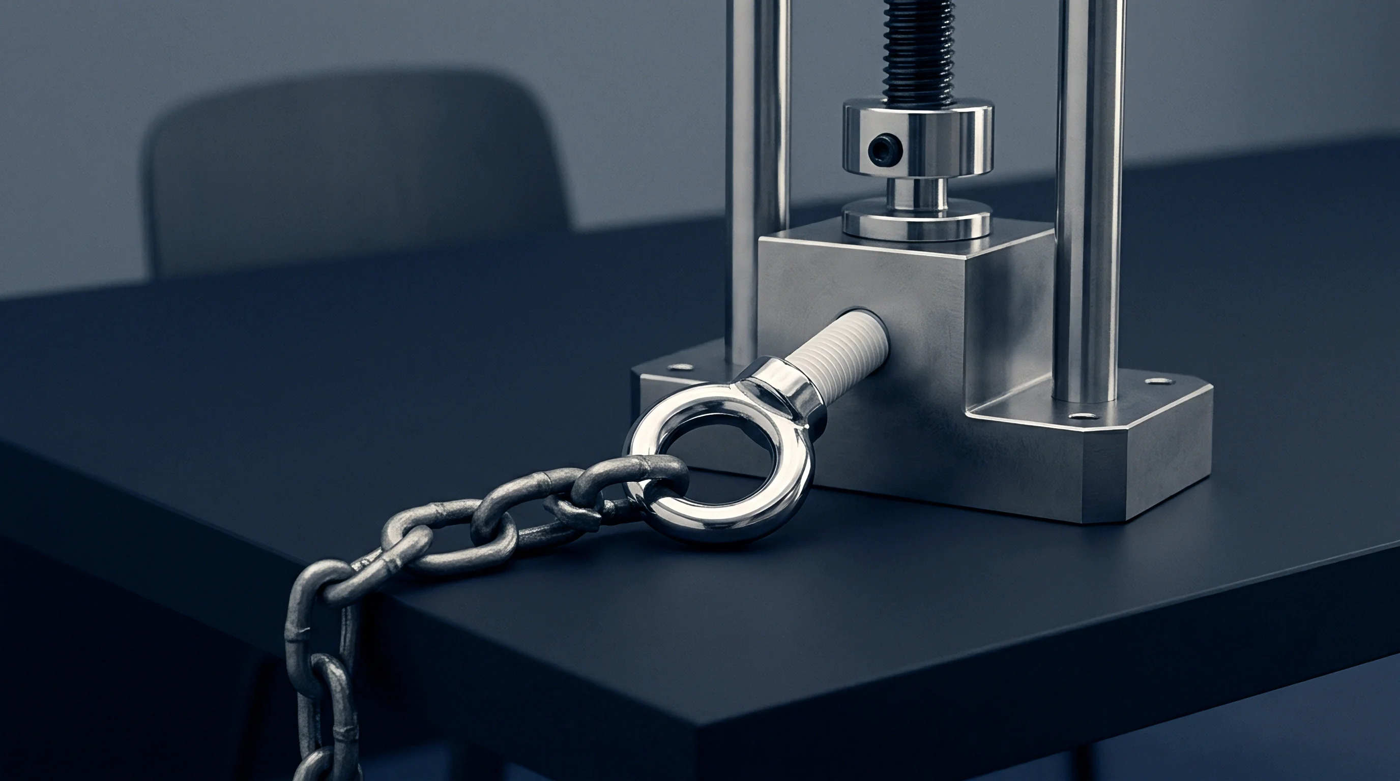 A digital render presents a heavy steel mechanical testing rig mounted on a dark industrial workbench with an attached load chain.