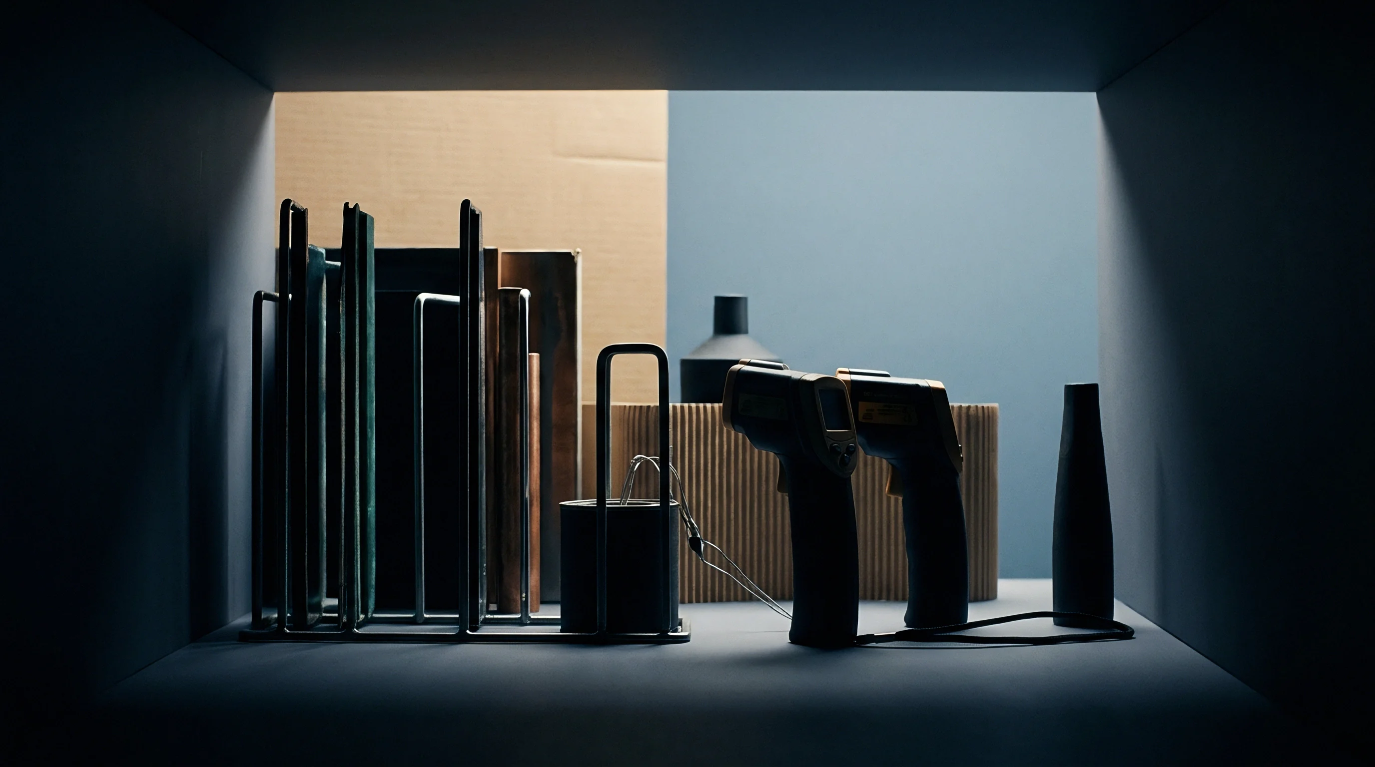 Two handheld infrared thermometers sit on a workbench shelf beside organized metal material samples and cardboard industrial shipping components.