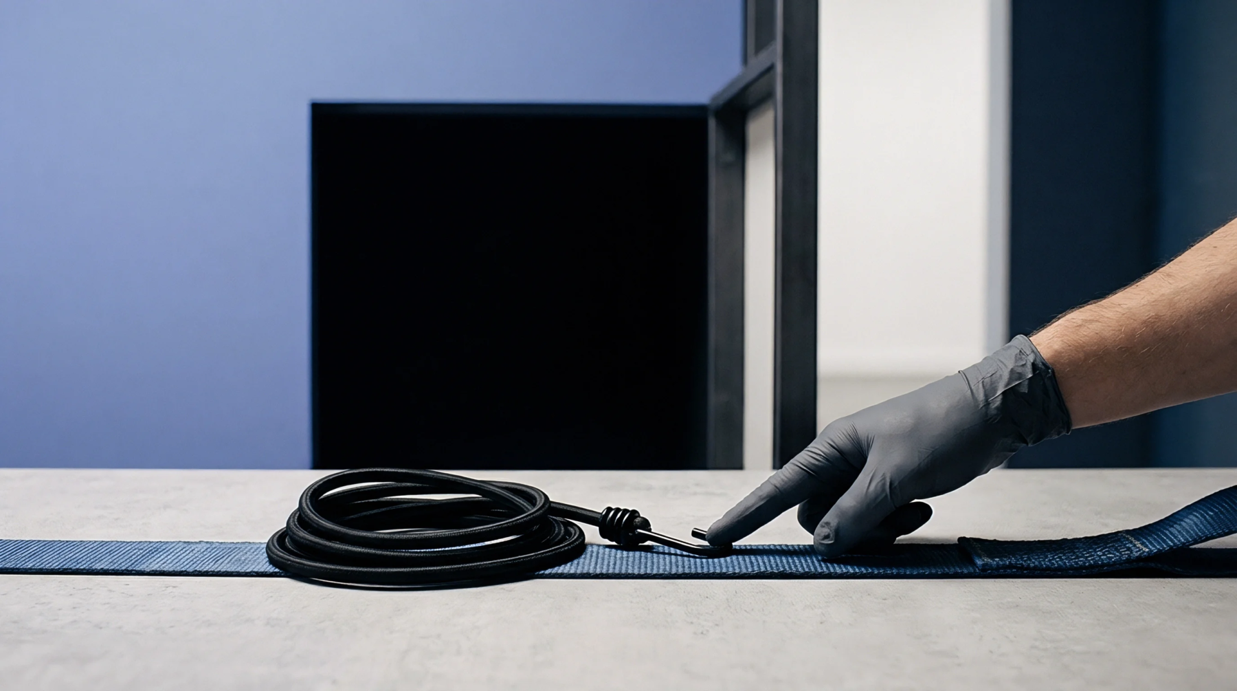 A gloved hand points at the metal hook of a coiled elastic strap sitting on a blue cargo webbing band on a grey table.