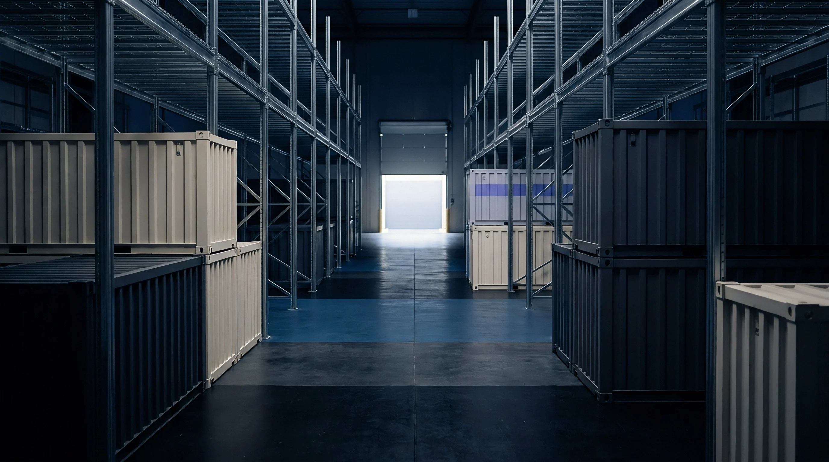 Steel storage containers rest within towering industrial metal racks lining a concrete warehouse aisle leading toward a loading dock door.