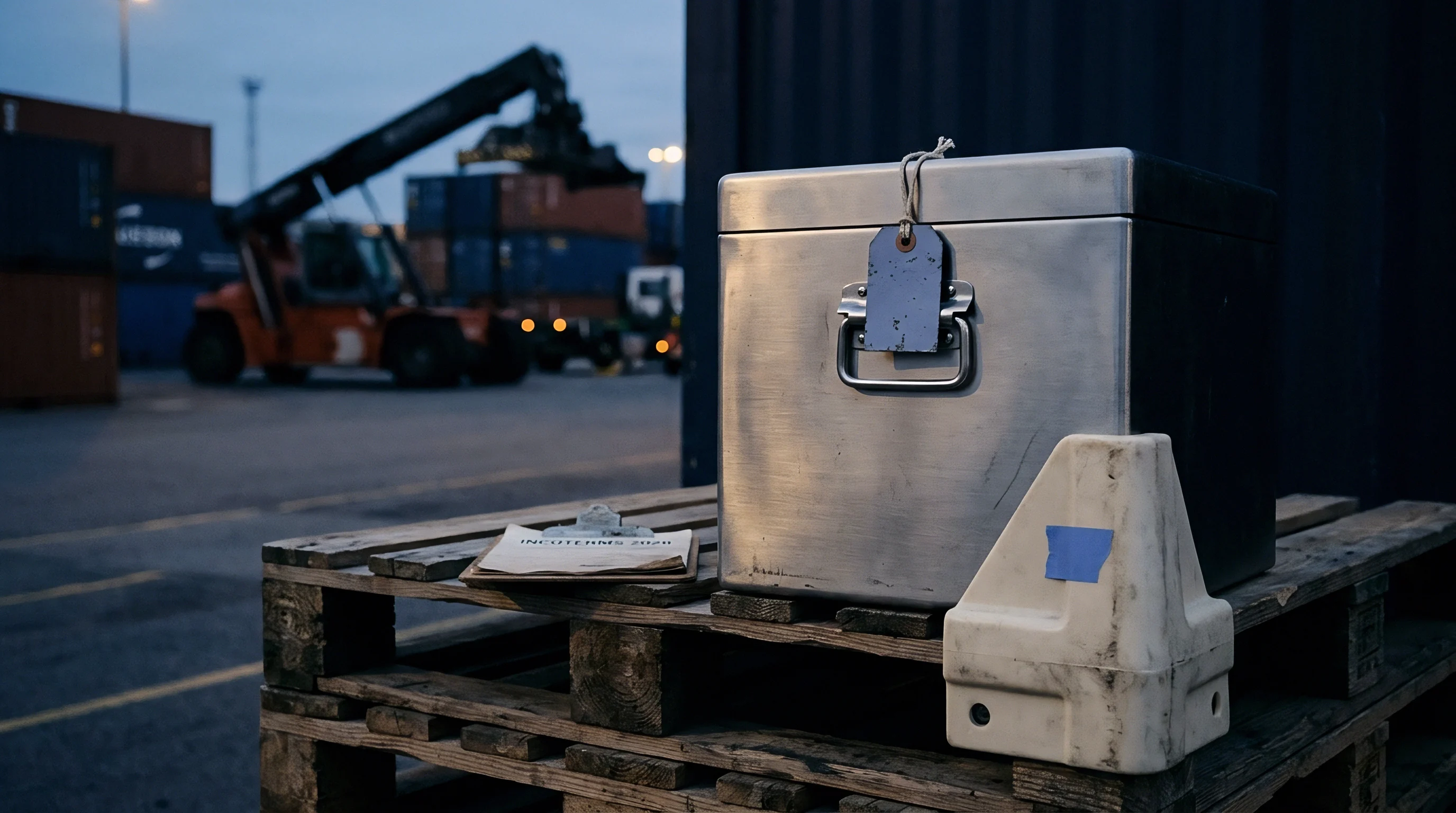 A brushed metal container with a blue tag rests beside an Incoterms 2020 document on a weathered wooden pallet in a port facility.