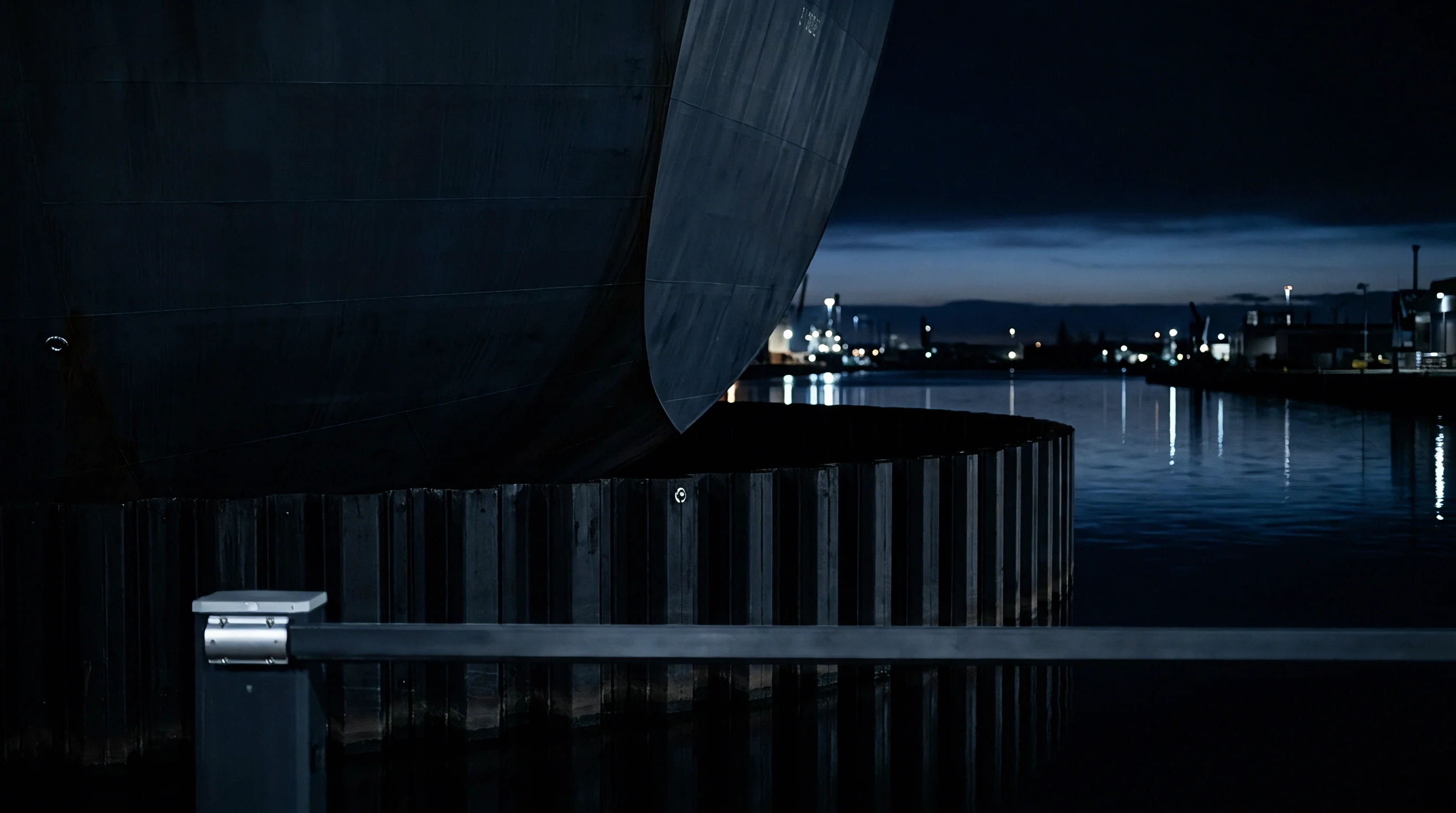 A dark steel hull structure overhangs a waterfront sheet piling retaining wall during evening hours at an industrial docking facility.