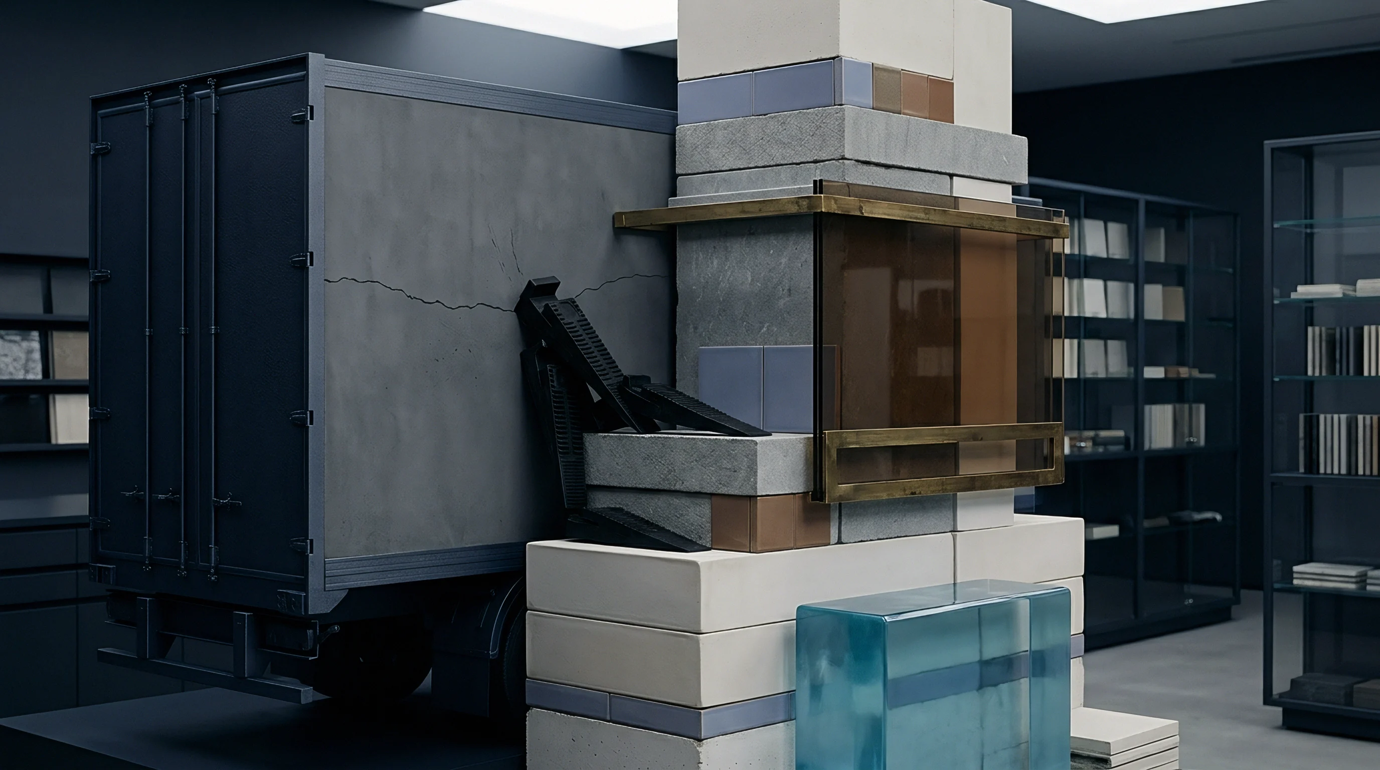 A rendering of a freight container section colliding with an architectural stack of concrete tiles brass profiles and structural glass in a dark gallery setting.