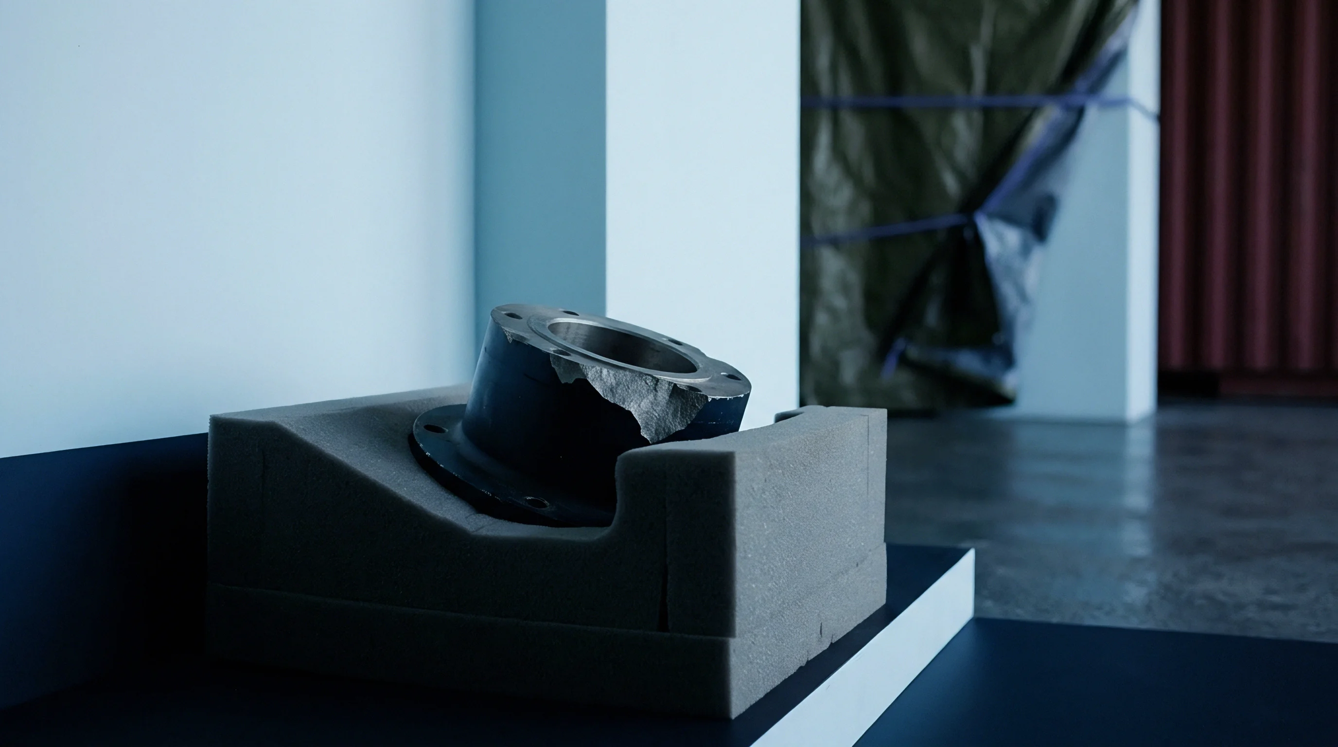 A dark steel machined flange sits inside a grey polyurethane foam packaging block positioned on a table within an industrial facility.