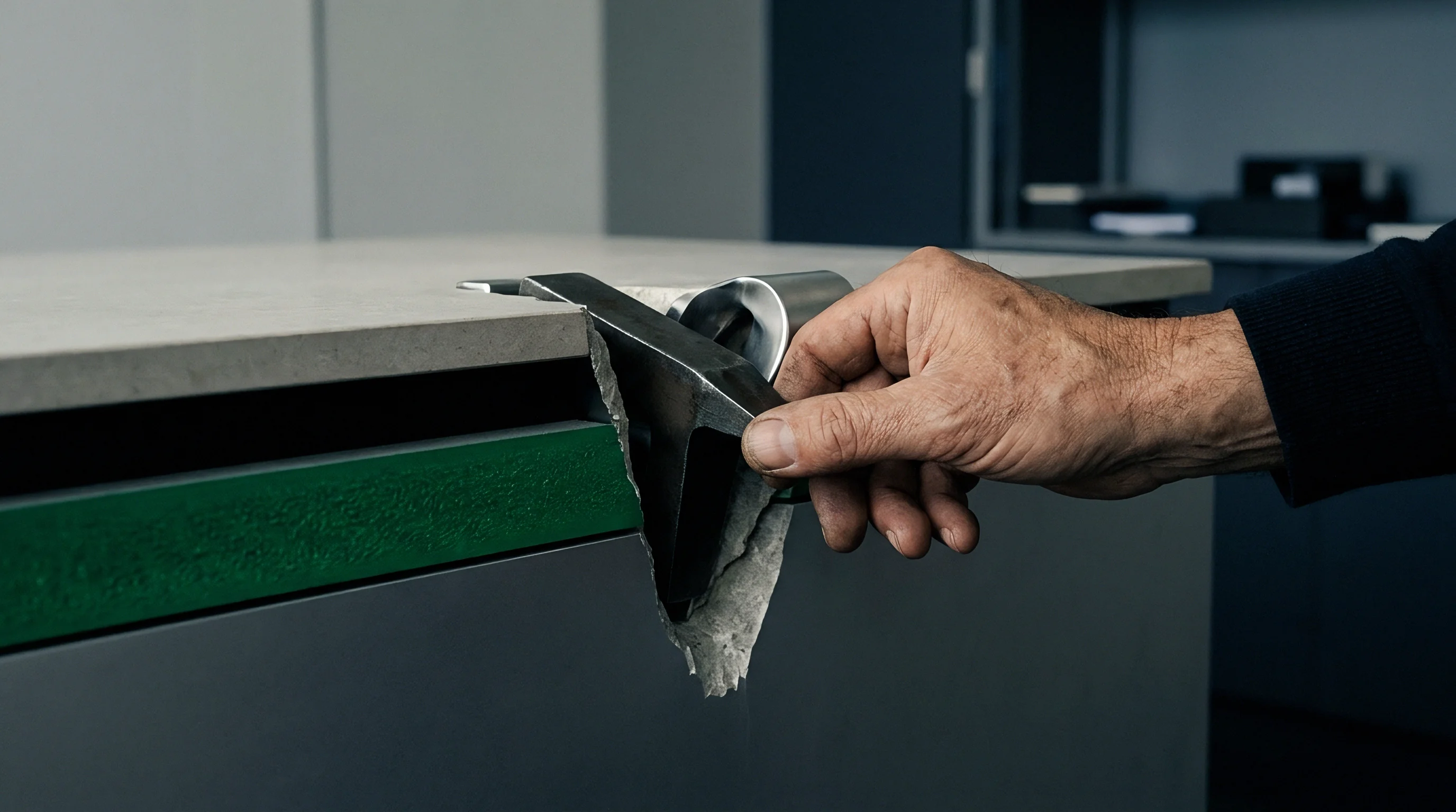 An inspector holds a metal profile embedded in a fractured grey countertop composite panel to examine structural material failure.